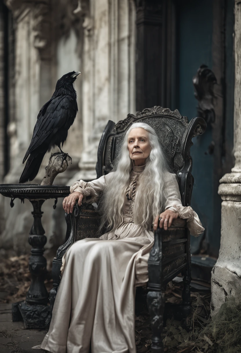 A wise and weathered witch with long white hair, sitting on a velvet-lined Cardelou chair, with a majestic Sonystr Crow perched on her shoulder.
mystical atmosphere, muted colors, enchanting composition, Canon EOS R5 camera, Fujifilm Pro 400H film, 85mm lens, soft focus, Guillermo del Toro, Tim Burton, Terry Gillingham, Alexander McQueen, Vivienne Westwood