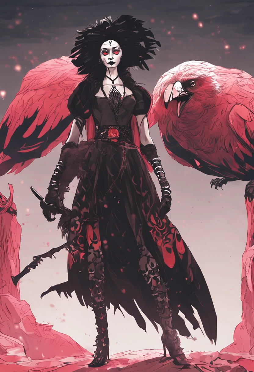 A young witch,Sit in a Kadilau chair in the background,She held a red-eyed raven in her arms,8K quality,Evil expression,Exquisite makeup