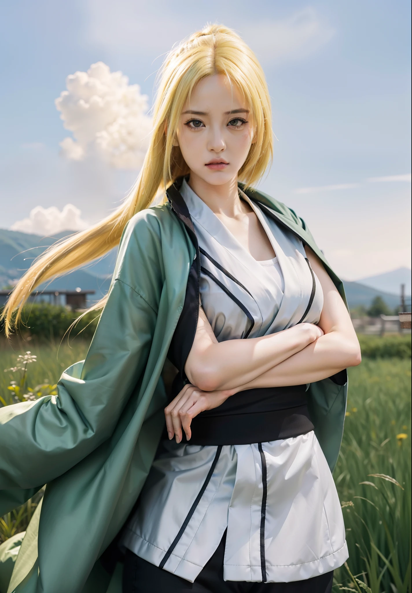 real Life adaption of this character,her name is Tsunade senju from anime naruto ,hyper realistic ,very realistic detailed yellow hair, high resolution, photorealistic,very detailed,very realistic outfit, Japanese face,detailed shining eyes, calm expression,realism,