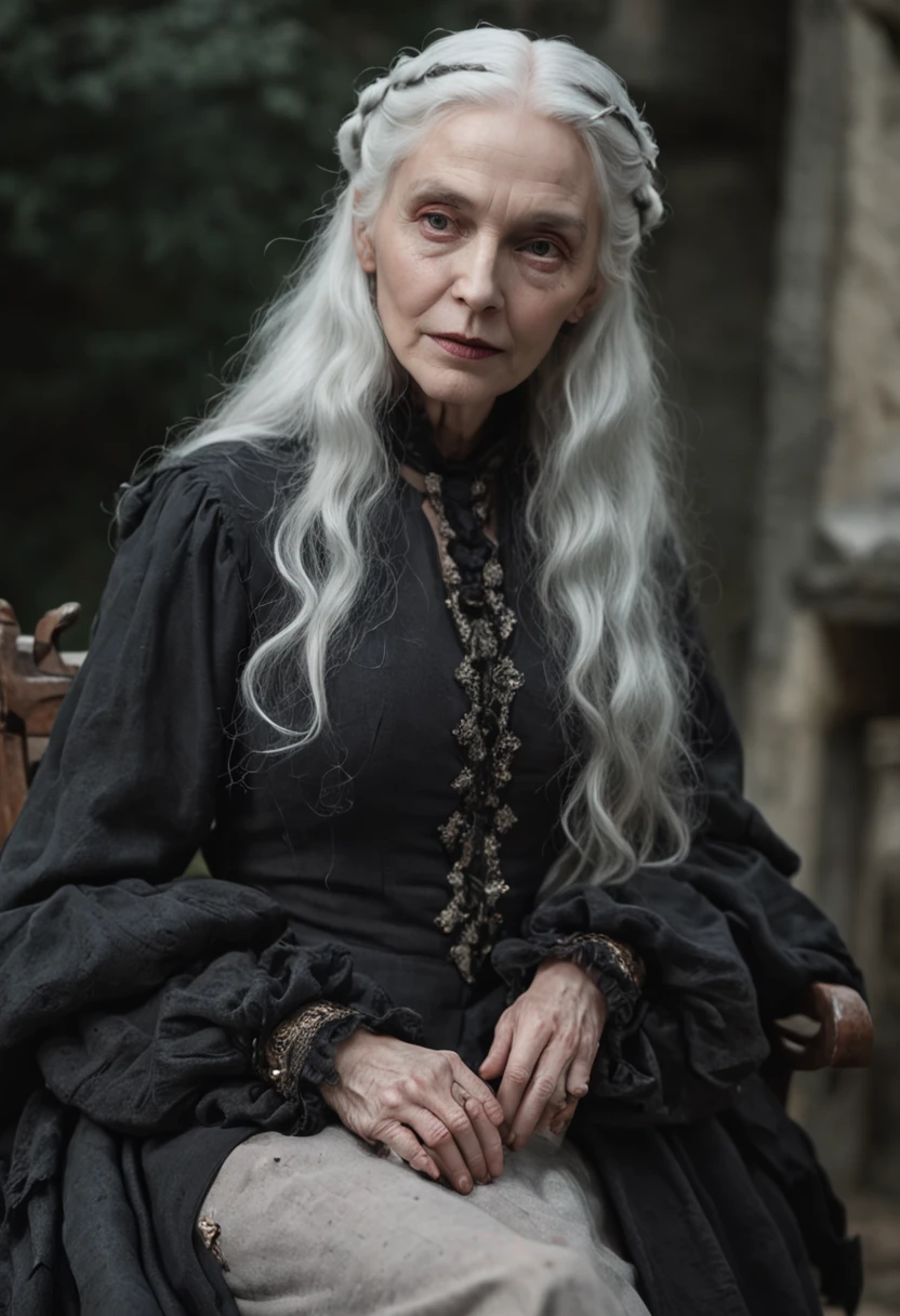 A wise and weathered witch with long white hair, sitting on a velvet-lined Cardelou chair, with a majestic Sonystr Crow perched on her shoulder.
mystical atmosphere, muted colors, enchanting composition, Canon EOS R5 camera, Fujifilm Pro 400H film, 85mm lens, soft focus, Guillermo del Toro, Tim Burton, Terry Gillingham, Alexander McQueen, Vivienne Westwood