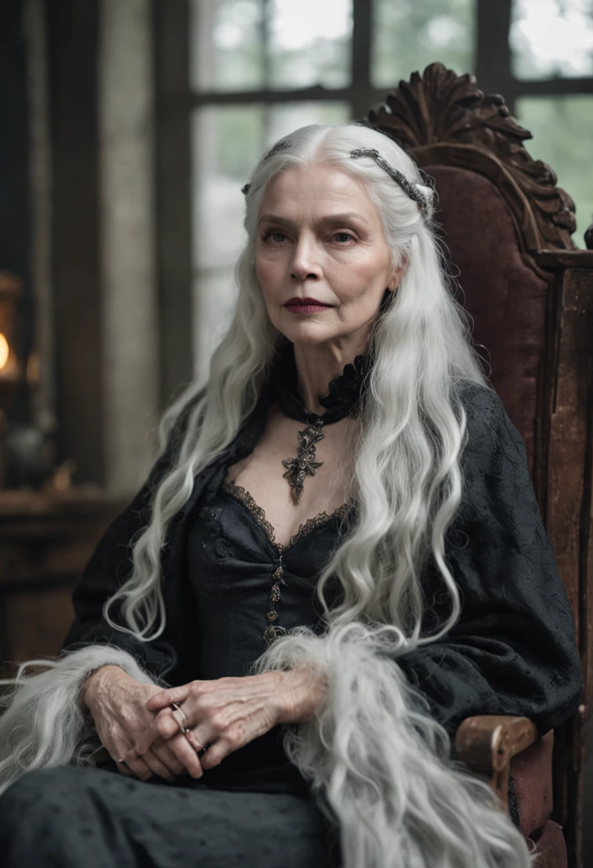 A wise and weathered witch with long white hair, sitting on a velvet-lined Cardelou chair, with a majestic Sonystr Crow perched on her shoulder.
mystical atmosphere, muted colors, enchanting composition, Canon EOS R5 camera, Fujifilm Pro 400H film, 85mm lens, soft focus, Guillermo del Toro, Tim Burton, Terry Gillingham, Alexander McQueen, Vivienne Westwood