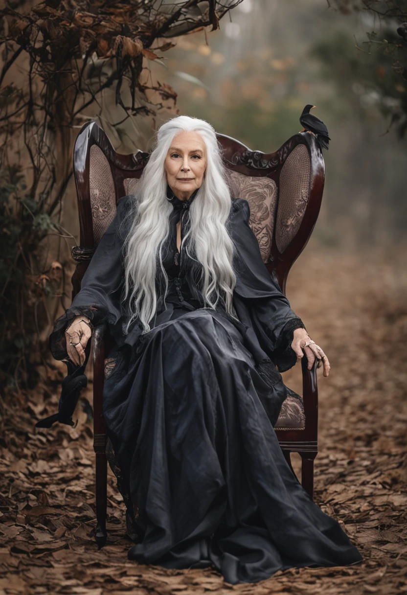 A wise and weathered witch with long white hair, sitting on a velvet-lined Cardelou chair, with a majestic Sonystr Crow perched on her shoulder.

mystical atmosphere, muted colors, enchanting composition, Canon EOS R5 camera, Fujifilm Pro 400H film, 85mm lens, soft focus, Guillermo del Toro, Tim Burton, Terry Gillingham, Alexander McQueen, Vivienne Westwood
