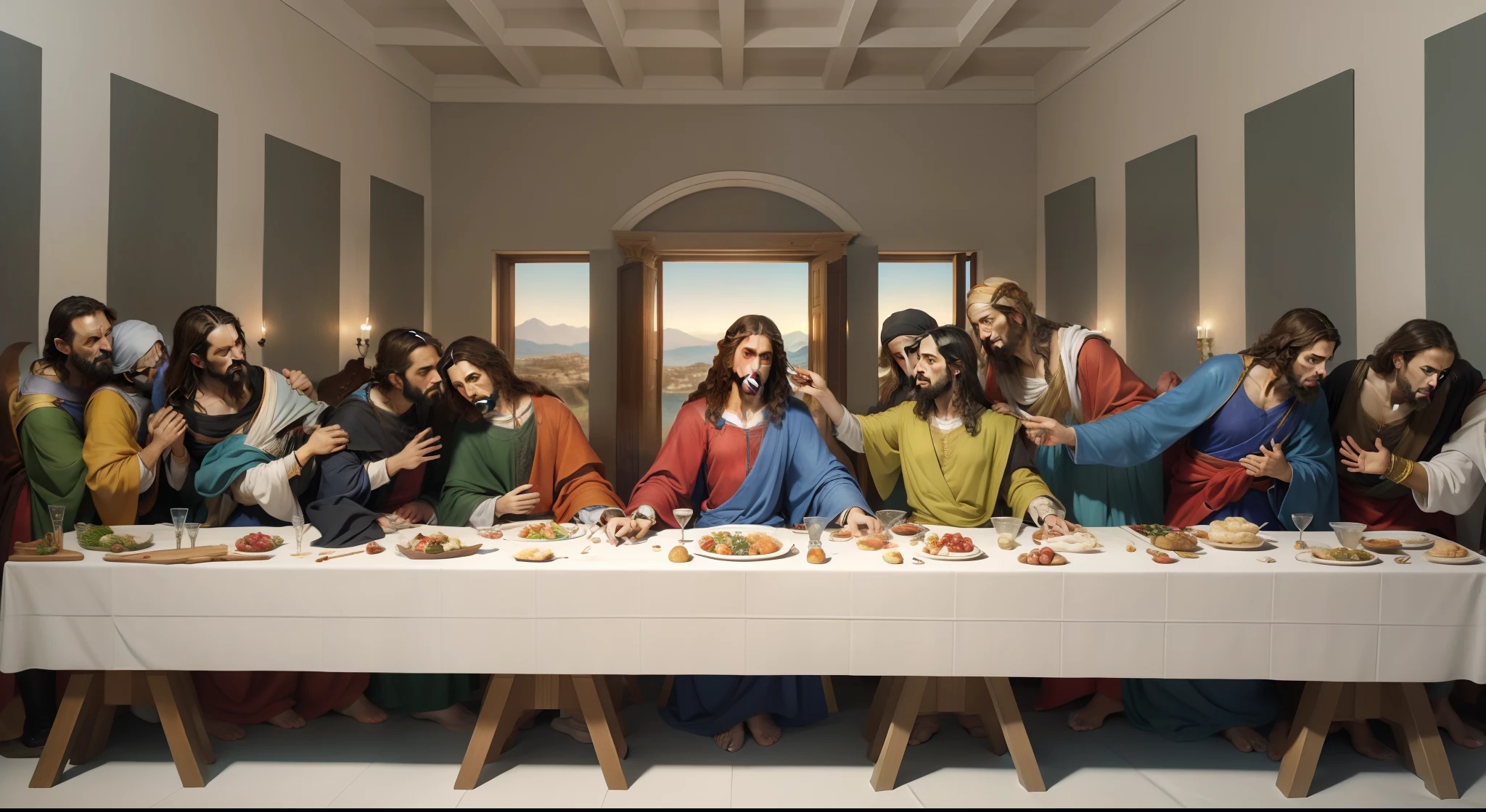 Pintura arafed de um grupo de pessoComo sentadComo em uma mesa, called 'the last supper', last supper, last supper composition, the last supper, !!Posando_Como_Lastly_Ceia, the last supper painting, Realistic of the Last Supper, As at the Last Supper, biblical art style, Pintura Da Vinci, dnd last supper, No Estilo Da Vinci