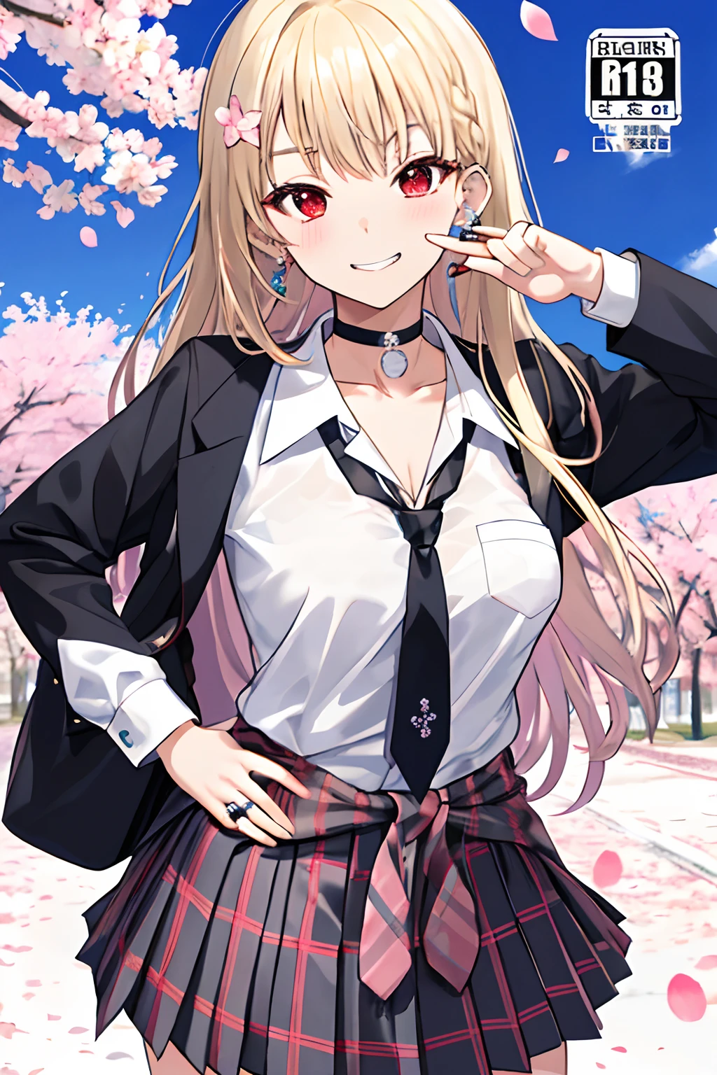 masutepiece, Best Quality,  Salute,put hands on the hip,
1girl in, Bangs, Black Choker, black necktie, Blonde hair, Blue skirt, blush, Bracelet, breasts, Choker, clothes around waist, 鎖骨, Collared shirt, Cowboy Shot, dress shirts, ear piercings, eyebrows visible through hair, Gradient Hair, grin, gals, Jewelry, Kogal, Long hair, Looking at Viewer, loose necktie, neck tie, Piercing, Plaid, plaid skirts, Pleated skirt, Red Eyes, Ring, School uniform, Shirt, Skirt, Smile, Solo, White shirt,
Street, skyporn, cherryblossom, flower petals,Illustration,  Fashionable, Woman, Vibrant, outfit, Posing, front, Colorful, Dynamic, Background,  element。, which are full of confidence, expression, Holding, statement, accessory, An majestic, coiled, Around, Touch, Scene, Text, cover, Bold, captures the attention, Titles, Stylish, Font, Catchy, headline, Larger, striking, Modern, Trendy, Focus, Fashion,Raise your index finger to your mouth、Enjoy