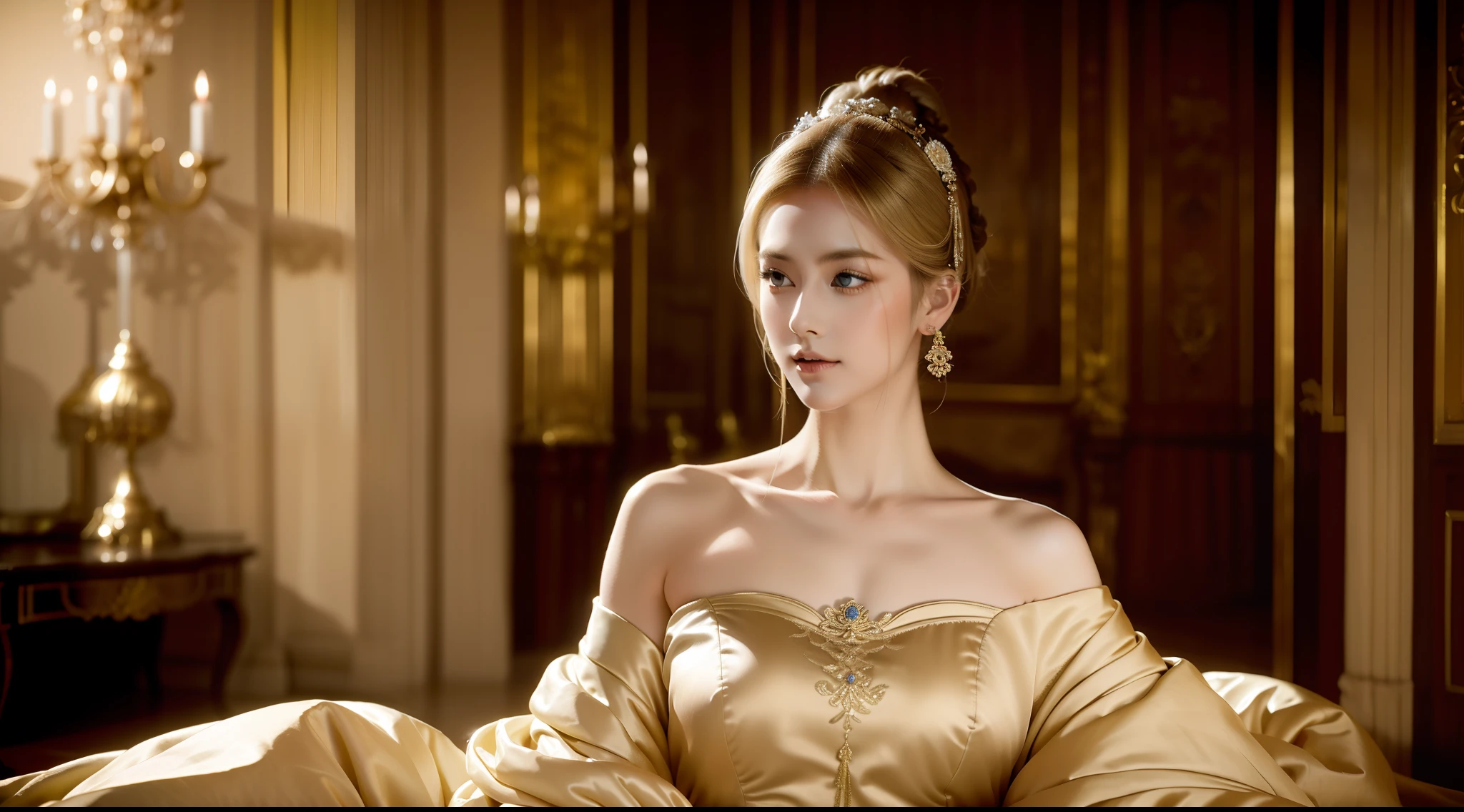 Mid-shot beauty, French, 24 years old, (Pale:1.3) skin, Empress, Blonde straight hair in bun hairstyle, Large eyelashes, Self-confident,cropped shoulders, Serious, haughty, no-makeup, Beautiful body, Intricate Victorian costumes, In the palace, victorian age