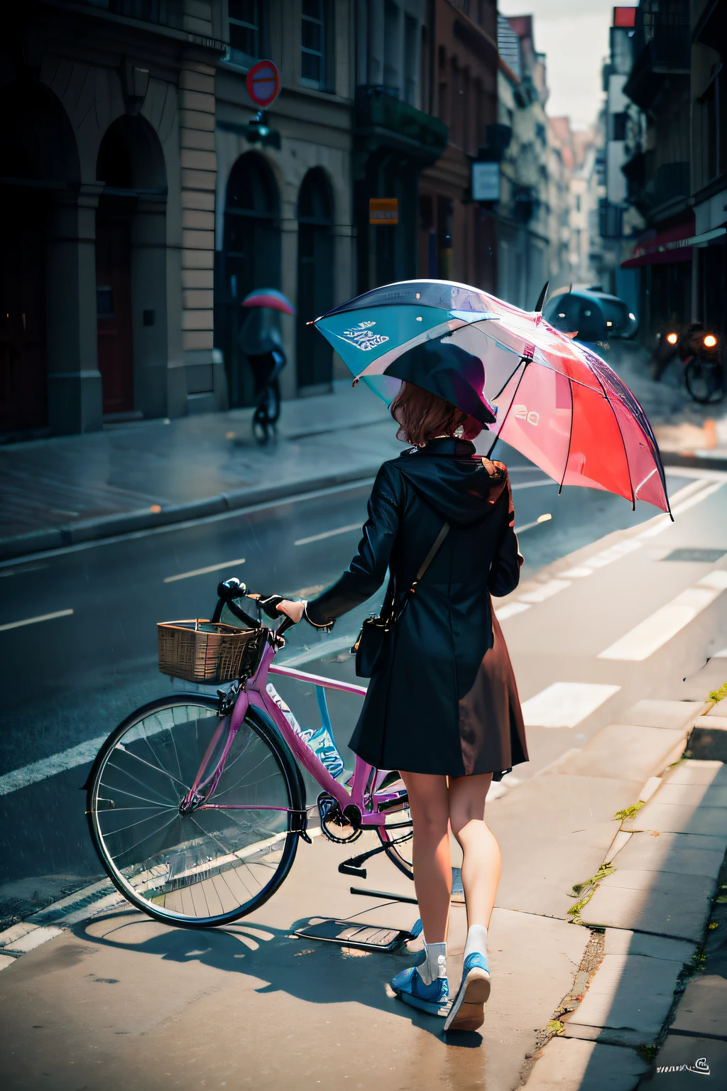 Woman with umbrella walking down the street with pink bicycle, single person with umbrella, holding a umbrella, Holding an umbrella, holding a umbrella, On a rainy day, Street photography style, It just rained, Umbrella, Rainy weather, people with umbrellas, under rain, Black umbrella, candid street photography, In a rainy environment, In the rain, Rainy afternoon, Street photography