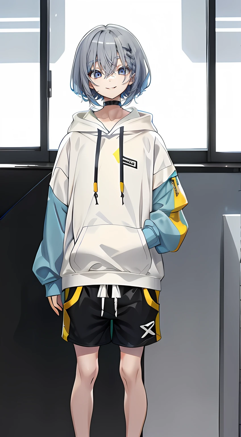 Big hoodie and shorts、Hair is gray、the eyes are blue, is standing、Bob Hair、shoun、A slight smil、mouth closes、A black