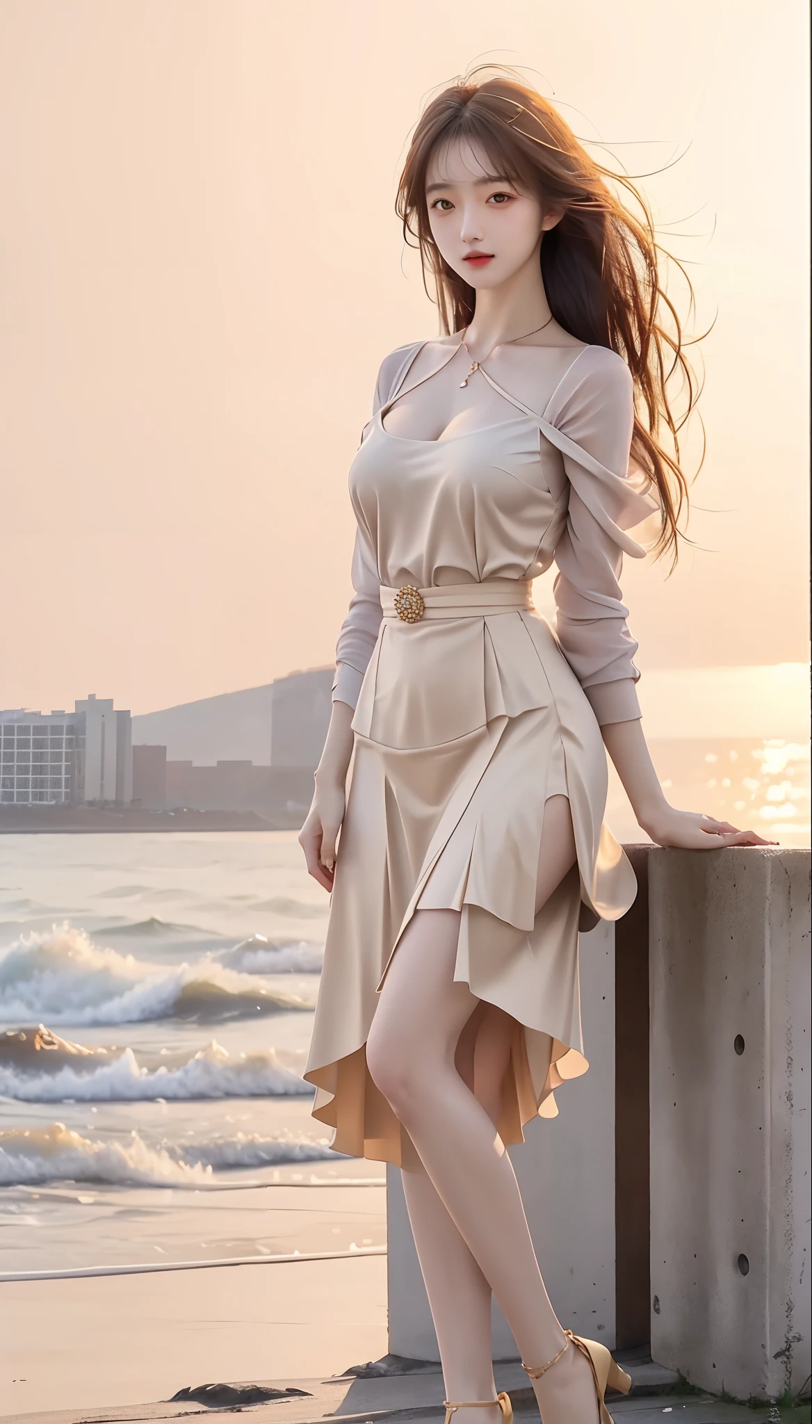 masterpiece, best quality, official art, in focus, full body photo (FLS), FHD, 1080P, 2K, 4K, 8K, Mind-bSoft illuminationlowing Details, Unfathomable, Leica camera, Full Length Shot (FLS), cute, Golden Ratio,Soft illumination,absorbing。 Super detailed, extremely detailed, beautiful and meticulous girl, 1 girl, (perfect female figure), full body, skirt, long legs, no breasts, background on the beach.