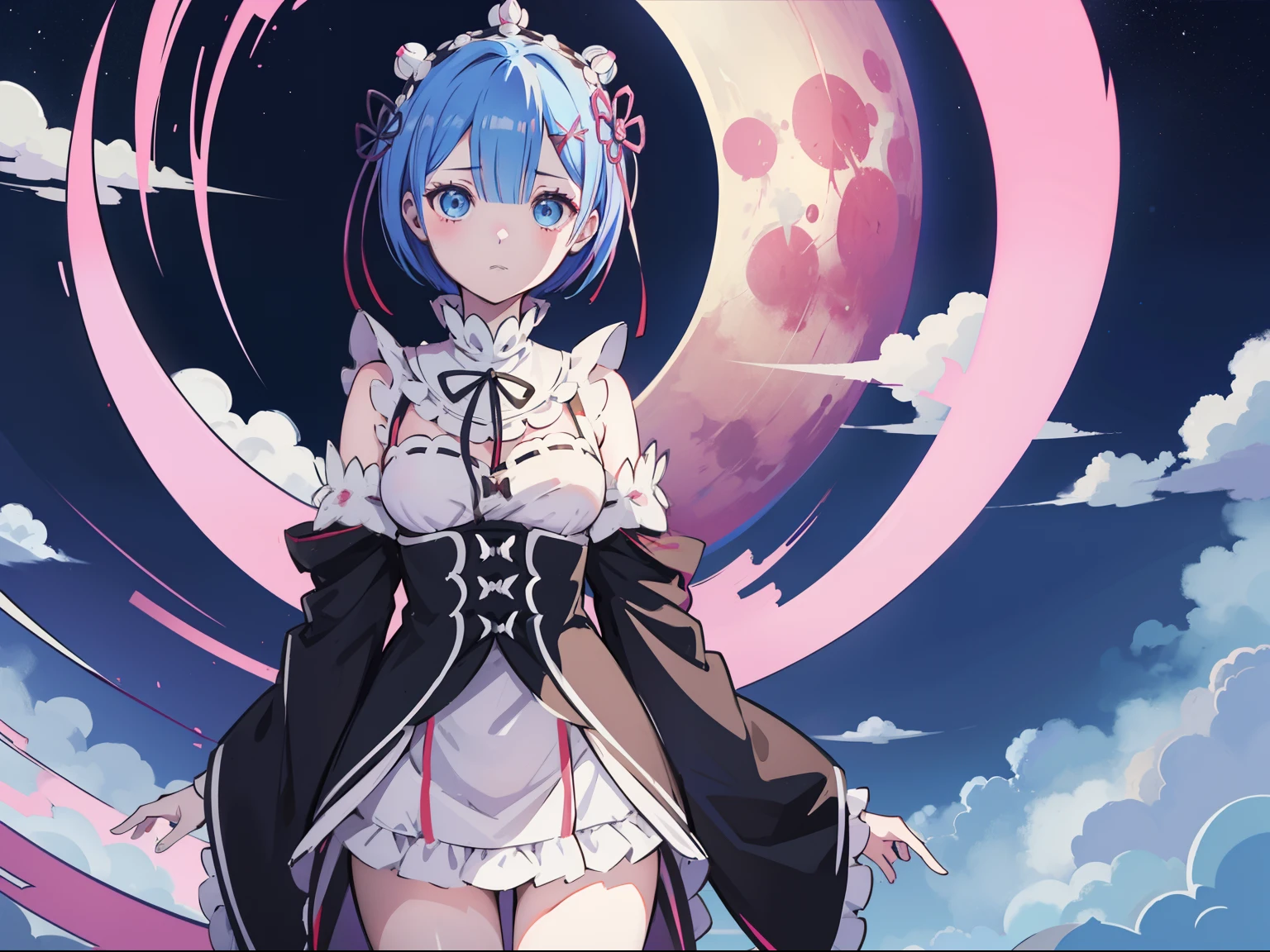 Kimetsu_no_Yaiba style, rem(Re:Zero), masterpiece、top-quality、1girl, moon, natta、full bodyesbian、is standing、Solitude、Nervousness、