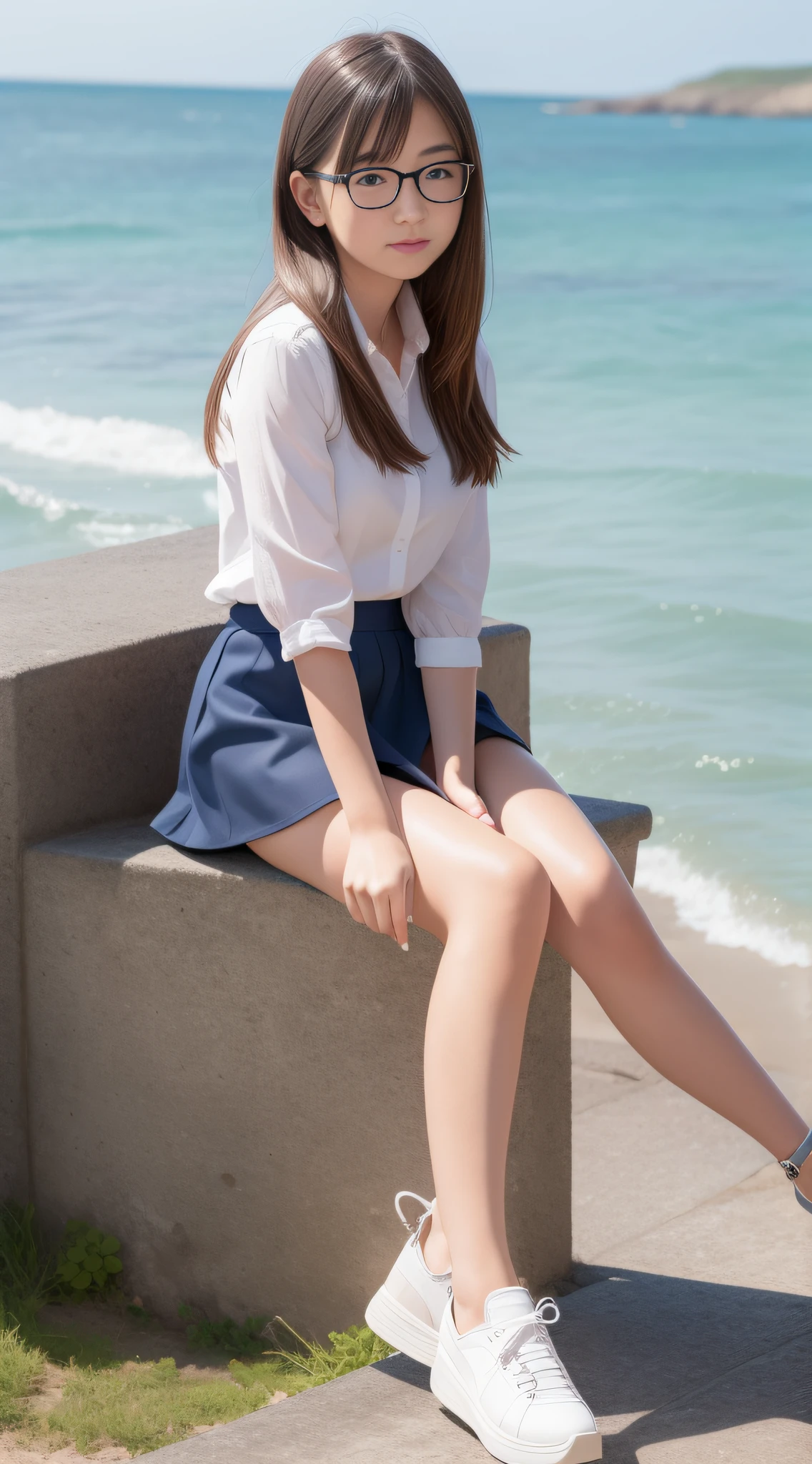 A pure girl with glasses,Sitting by the sea,Wear a short skirt