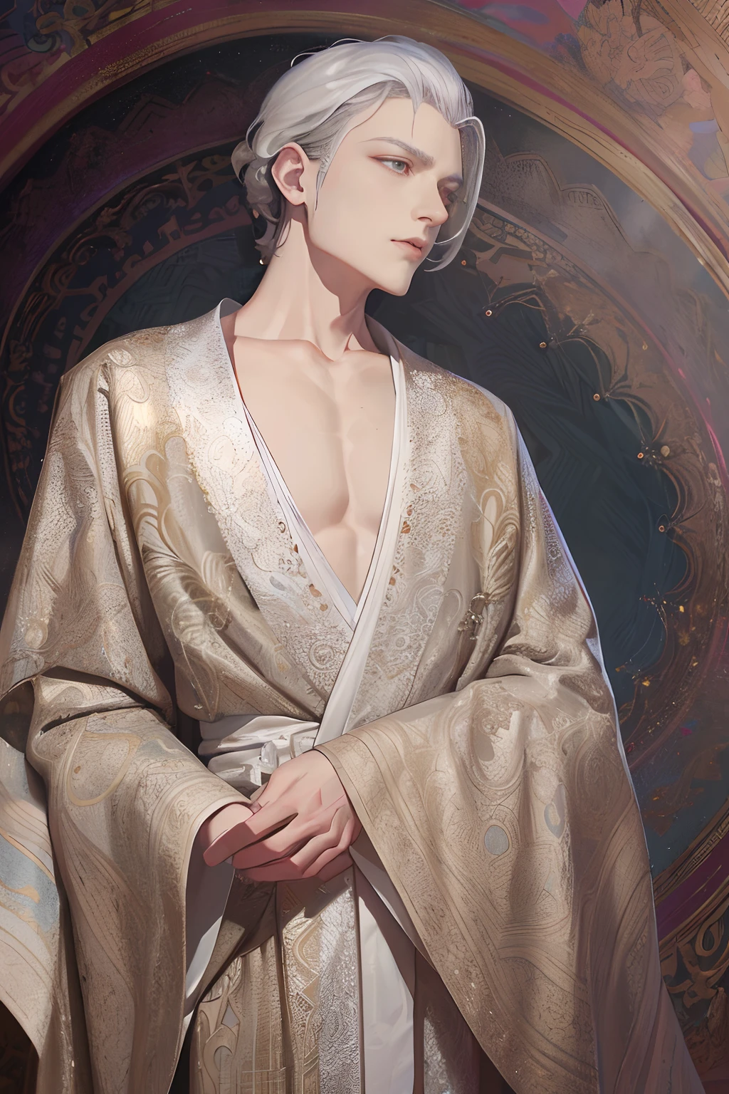 An image of a man in a robe standing in front of a painting, Delicate androgynous prince, Beautiful androgynous prince, inspired by Yanjun Cheng, Wearing a luxurious silk cloak, ((wearing aristocrat robe)), flowing robe, in a silver silk robe, Cai Xukun, wearing a long flowing robe, ornate flowing robes, wearing dark silk robe