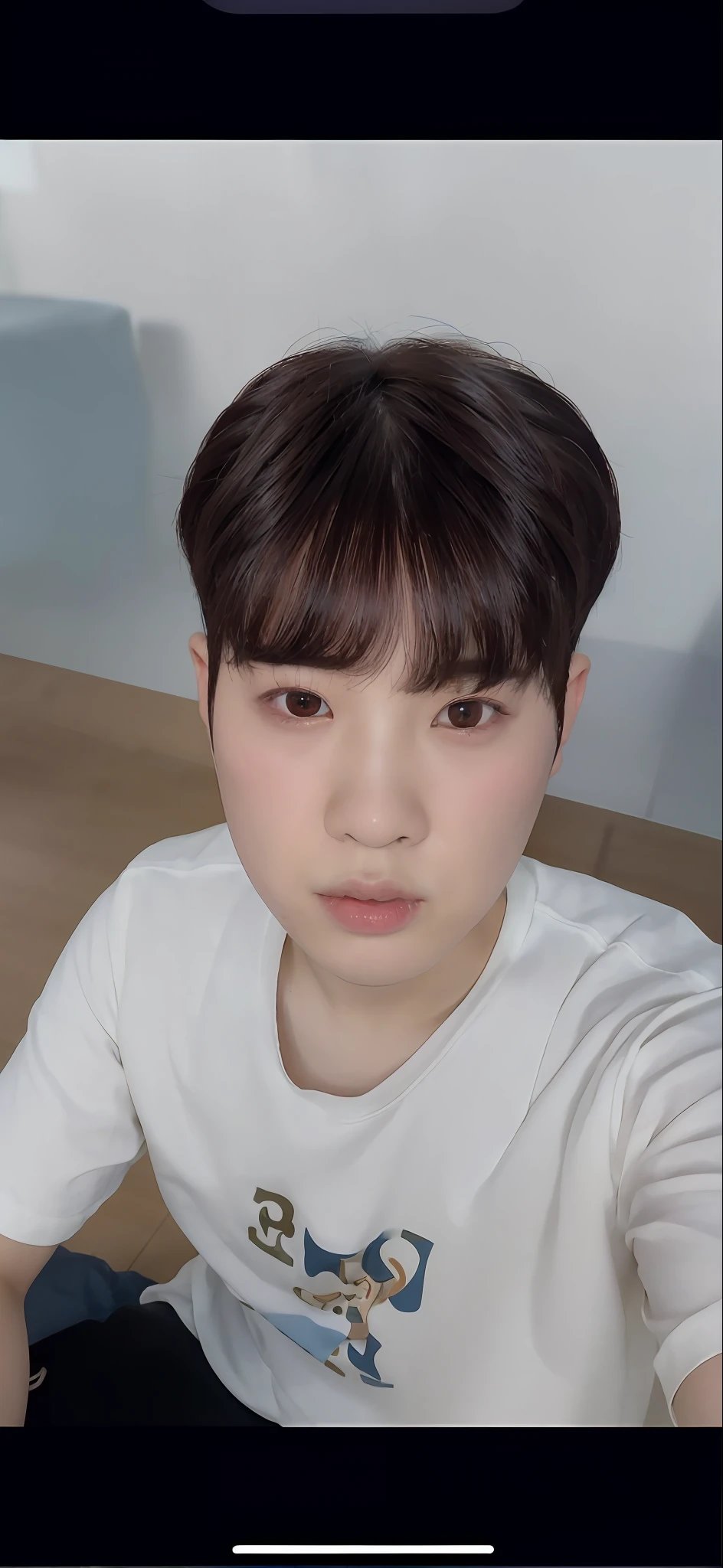 a close up of a person sitting on a wooden floor, hong june hyung, jimin\'s right eyelid swollen, wan adorable korean face, jimin\'s plump lips, with round face, 1 7 - - old thin face, hyung tae, jimin\'s grecian nose, jaeyeon nam, south east asian with round face, jimin