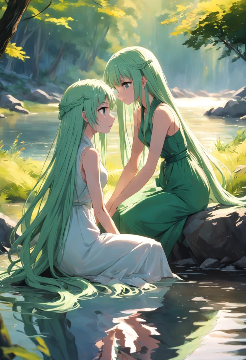 Two girls，Long green hair，in a long white dress，sittinng on the river，Hold your chin with both hands