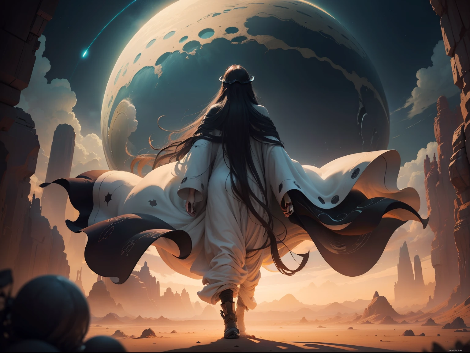 Strange man, long dark wavy hair, wearing long robes, in black inverse seedpod spaceship, lands on an alien desert planet with many oasis, every step he takes explodes in colored light and sound shockwaves, alien peoples greet him, dusty sky of fluffy clouds muted colors, dusty atmosphere, 64k resolution photorealistic hyperdetailed beginning to see stars in the evening sky, sci-fi fiction paperback novel art style.