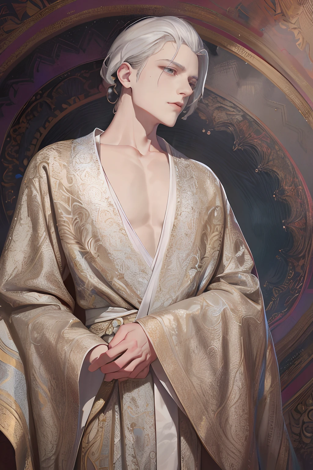 An image of a man in a robe standing in front of a painting, Delicate androgynous prince, Beautiful androgynous prince, inspired by Yanjun Cheng, Wearing a luxurious silk cloak, ((wearing aristocrat robe)), flowing robe, in a silver silk robe, Cai Xukun, wearing a long flowing robe, ornate flowing robes, wearing dark silk robe