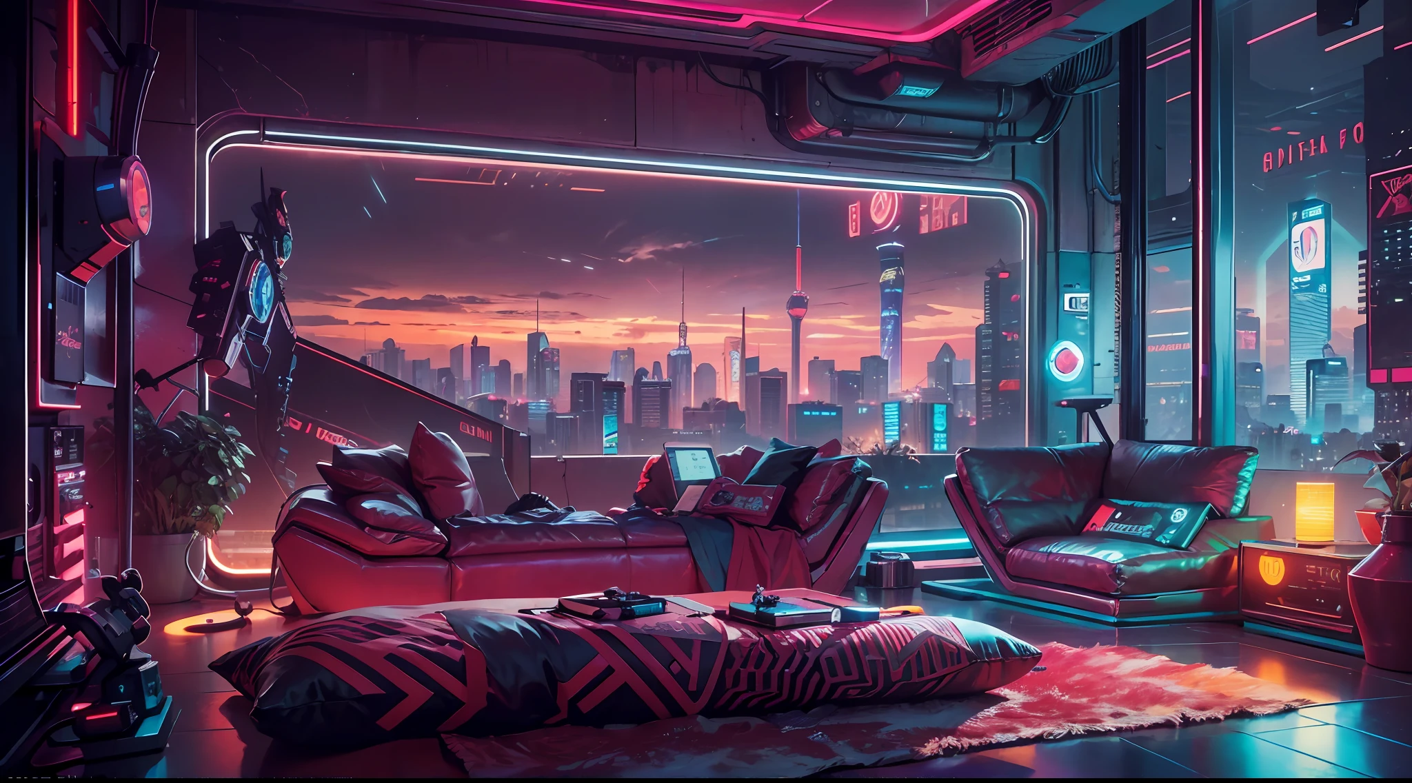 Best image quality, Masterpiece, Ultra-high resolution, (Fidelity:1.4), Photo, Dim, Darkness, Movie, ((Cyberpunk)), cyber outfit, Futuristic, ((Award-winning ultra-realistic photos)),（（tmasterpiece）），（Hyper-detailing），（Complicated details），（High resolution CGI artwork 8k），Futuristic cyberpunk living room，Bedrooms，kitchens。terrazzo，big window，Busy and colorful、Detailed cyberpunk cityscape。Futuristic style，There are many colors and LED lights。The cityscape should be very detailed，depth of fields。Create depth with atmospheric lighting，Evoke the feeling of a busy futuristic city outside the window。cameras：Wide-angle lens showing rooms and windows。Use atmospheric and volumetric lighting to enhance cityscape detail。The room should be illuminated by the neon lights of the cityscape, Pastel textured colored background, Colourful, vibrant,