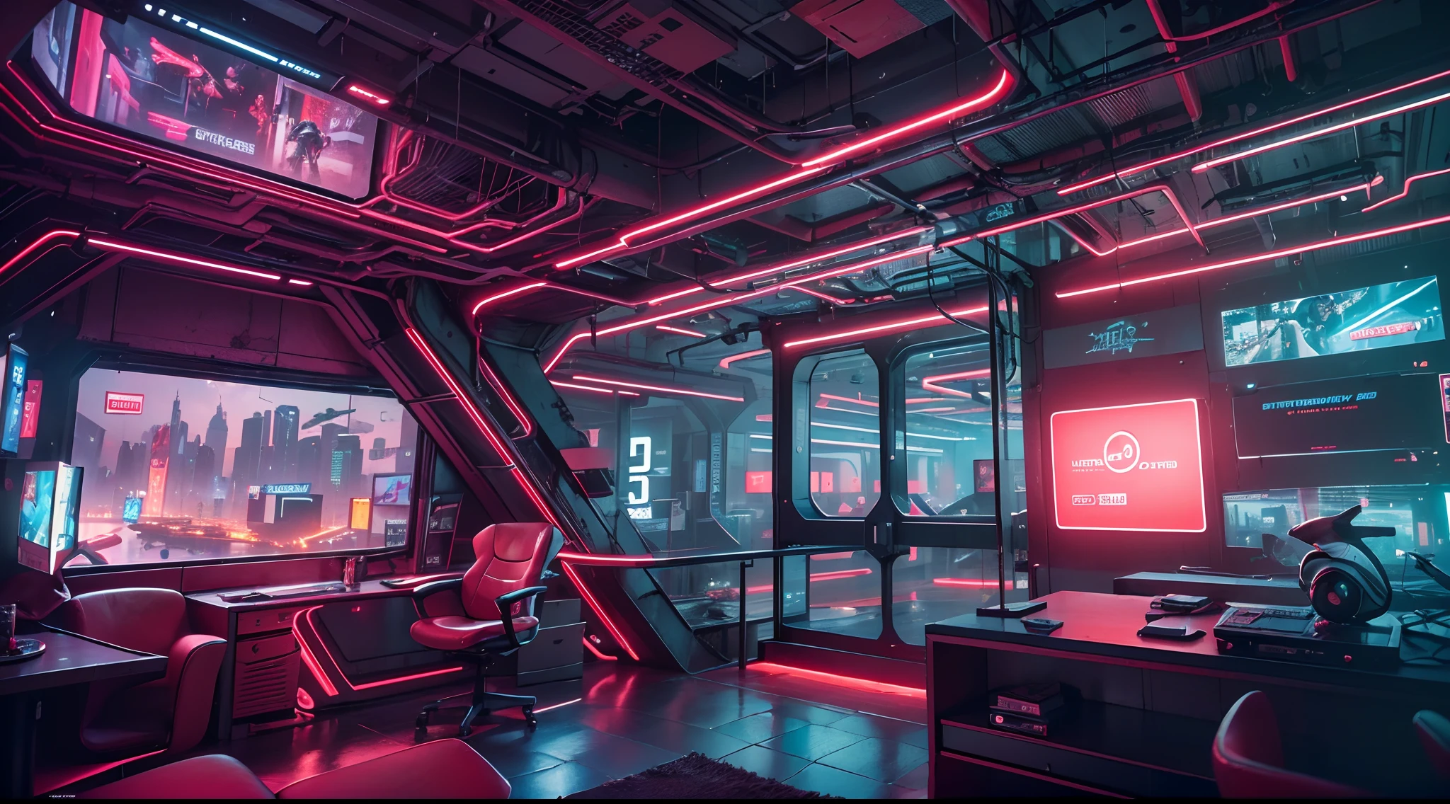 Best image quality, Masterpiece, Ultra-high resolution, (Fidelity:1.4), Photo, Dim, Darkness, Movie, ((Cyberpunk)), cyber outfit, Futuristic, ((Award-winning ultra-realistic photos)),（（tmasterpiece）），（Hyper-detailing），（Complicated details），（High resolution CGI artwork 8k），Futuristic cyberpunk living room，Bedrooms，kitchens。terrazzo，big window，Busy and colorful、Detailed cyberpunk cityscape。Futuristic style，There are many colors and LED lights。The cityscape should be very detailed，depth of fields。Create depth with atmospheric lighting，Evoke the feeling of a busy futuristic city outside the window。cameras：Wide-angle lens showing rooms and windows。Use atmospheric and volumetric lighting to enhance cityscape detail。The room should be illuminated by the neon lights of the cityscape, Pastel textured colored background, Colourful, vibrant,