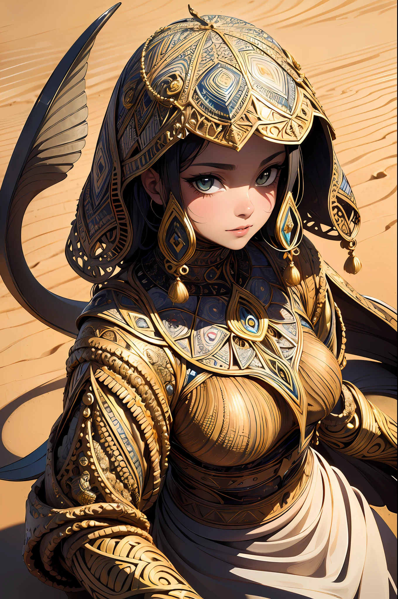 absurdres, highres, ultra detailed, (ultra-detailed background, detailed background), extremly detailed, 1girl, North Africa Islamic, (zentangle:1.2), (Islamic african:1.2), Fractal art, colorful, Dune style, in the desert, floating sand, mant, coat, platina bond shining hair, large yellow crystal eyes, seductive face,