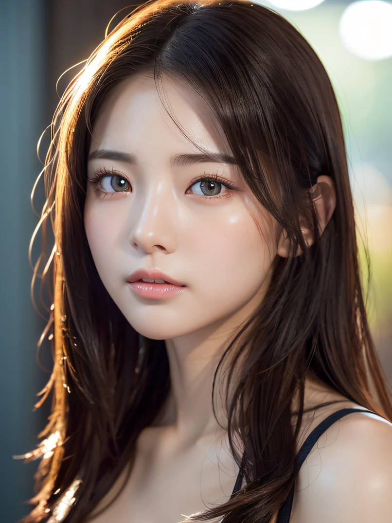 hightquality、hight resolution、​masterpiece、foco nítido、photographrealistic、Raw photography、lighting like a movie、(Photorealsitic:1.4)、(masutepiece、side lights、fine detailed beautiful eyes: 1.2)、Photorealistic portrait of stunningly beautiful woman、detailed symmetric realistic face、Highly detailed natural textures、closeup cleavage、Realistic、3D Face、Glowing eyes、Shiny hair、Glossy glossy skin、独奏、1girl in、embarrassed from、(Midriff)、Dynamic action、Detailed hand depiction、细致背景