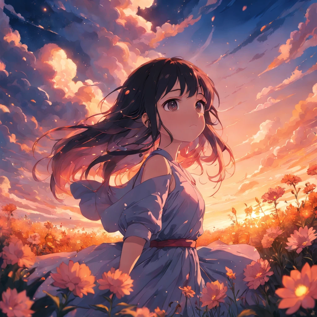 masterpiece, best quality, movie still, 1girl, cloud girl, floating in the sky, close-up, bright, happy, warm soft lighting, sunset, flowers background, lanscape with darkshadow (sparks:0.7)