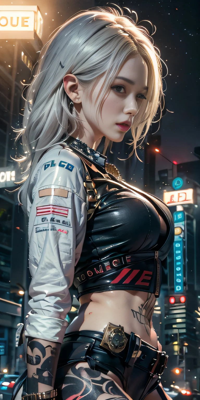 Photorealistic, high resolution, Soft light,1womanl, Solo, Hips up, (Detailed face),tattoo, jewelry, Night City, Police uniform, White hair