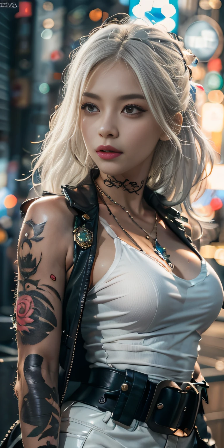 Photorealistic, high resolution, Soft light,1womanl, Solo, Hips up, (Detailed face),tattoo, jewelry, Night City, Police uniform, White hair