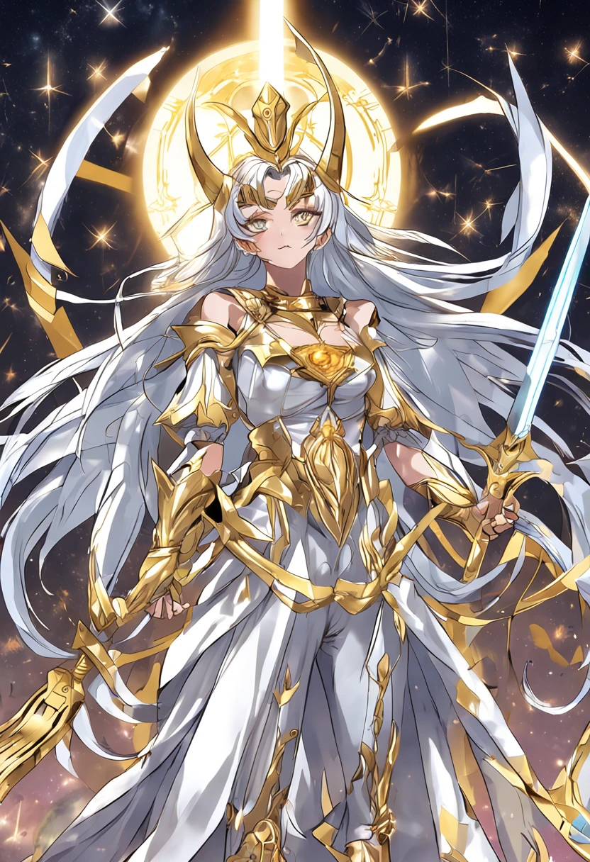 Eternal Sailor Moon, Goddess, Awakened God-like Power, Confident expression, Beautiful detailed eyes, intricate clothing, ((Engraved silver seams)), Wielding a golden scythe, Shine with a sparkle, Galaxy in the background, Absolutely amazing, razor sharp focus, cosmic, charmed, masutepiece, ((((Best Quality:1.4)))), ((((Extreme details))))
