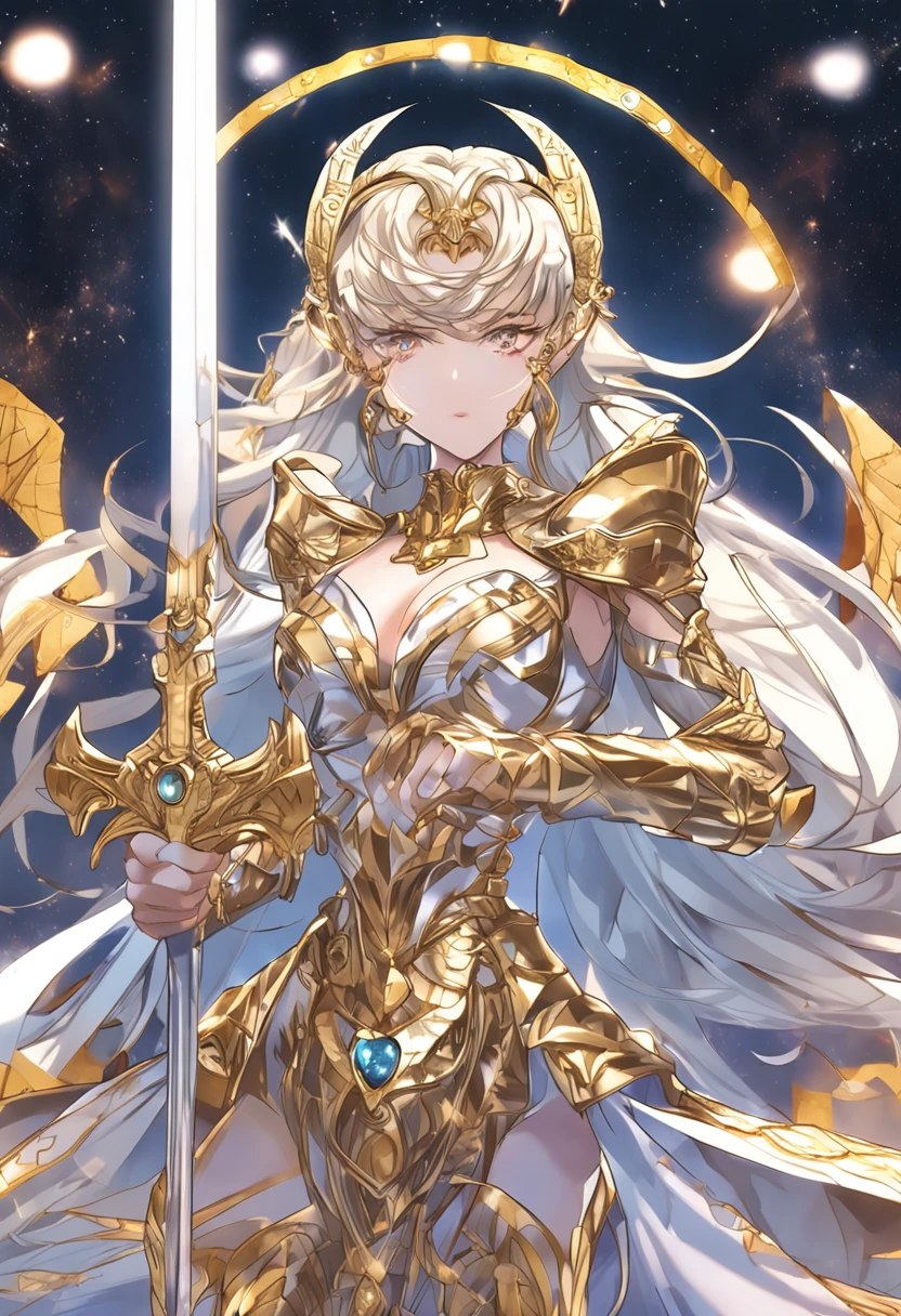 Eternal Sailor Moon, Goddess, Awakened God-like Power, Confident expression, Beautiful detailed eyes, intricate clothing, ((Engraved silver seams)), Wielding a golden scythe, Shine with a sparkle, Galaxy in the background, Absolutely amazing, razor sharp focus, cosmic, charmed, masutepiece, ((((Best Quality:1.4)))), ((((Extreme details))))