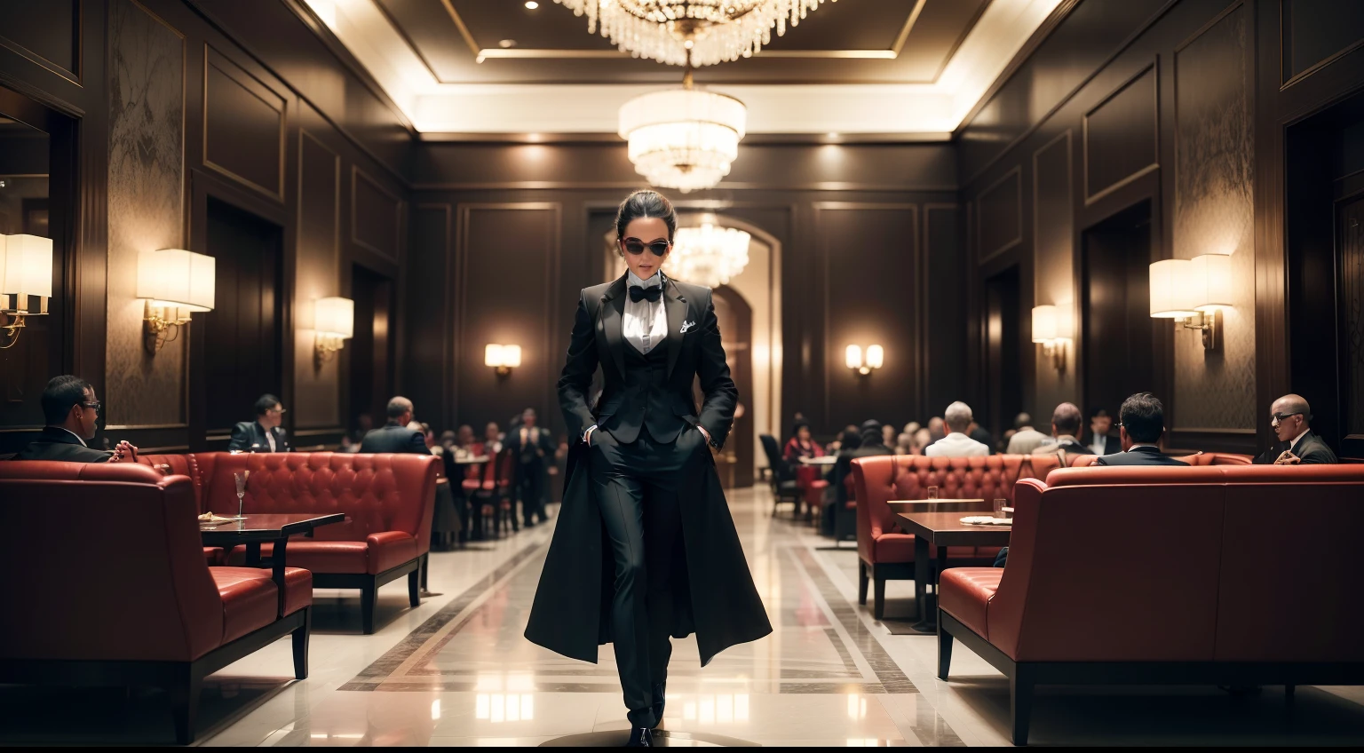 Hotel Lobby - The camera descends from the ceiling, revelando um lobby luxuoso e movimentado do hotel. People are sitting at scattered tables, enjoying your meals. - Among the Crowd, uma mulher misteriosa, wearing a dark overcoat and sunglasses, He crosses the lobby with determination. Ela carrega uma arma.