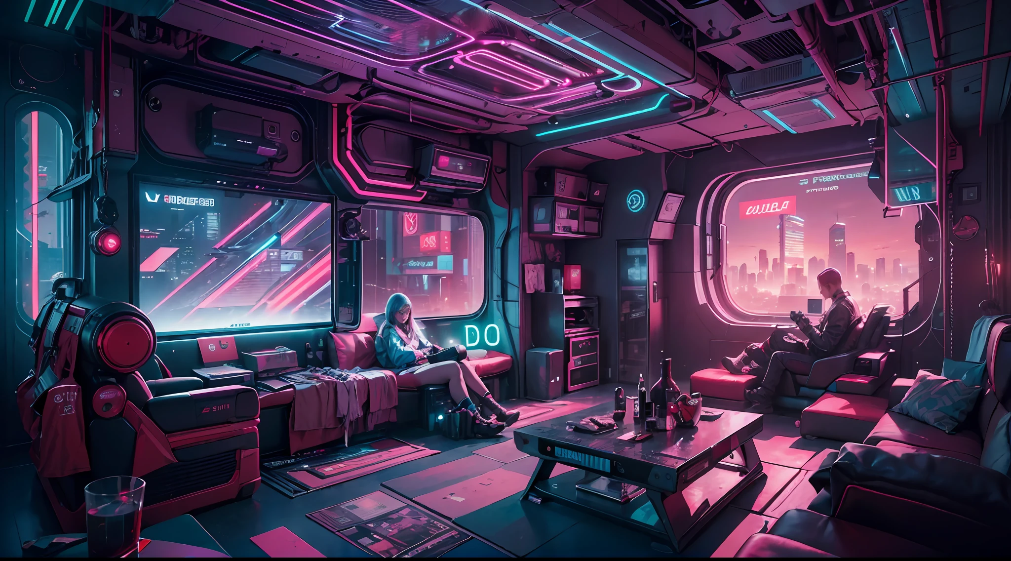 Best image quality, Masterpiece, Ultra-high resolution, (Fidelity:1.4), Photo, Dim, Darkness, Movie, ((Cyberpunk)), cyber outfit, Futuristic, ((Award-winning ultra-realistic photos)),((tmasterpiece)),(Hyper-detailing),(Complicated details),(High resolution CGI artwork 8k),Futuristic cyberpunk living room,Bedrooms,kitchens。terrazzo,big window,Busy and colorful、Detailed cyberpunk cityscape。Futuristic style,There are many colors and LED lights。The cityscape should be very detailed,depth of fields。Create depth with atmospheric lighting,Evoke the feeling of a busy futuristic city outside the window。cameras:Wide-angle lens showing rooms and windows。Use atmospheric and volumetric lighting to enhance cityscape detail。The room should be illuminated by the neon lights of the cityscape, Pastel textured colored background, Colourful, vibrant,