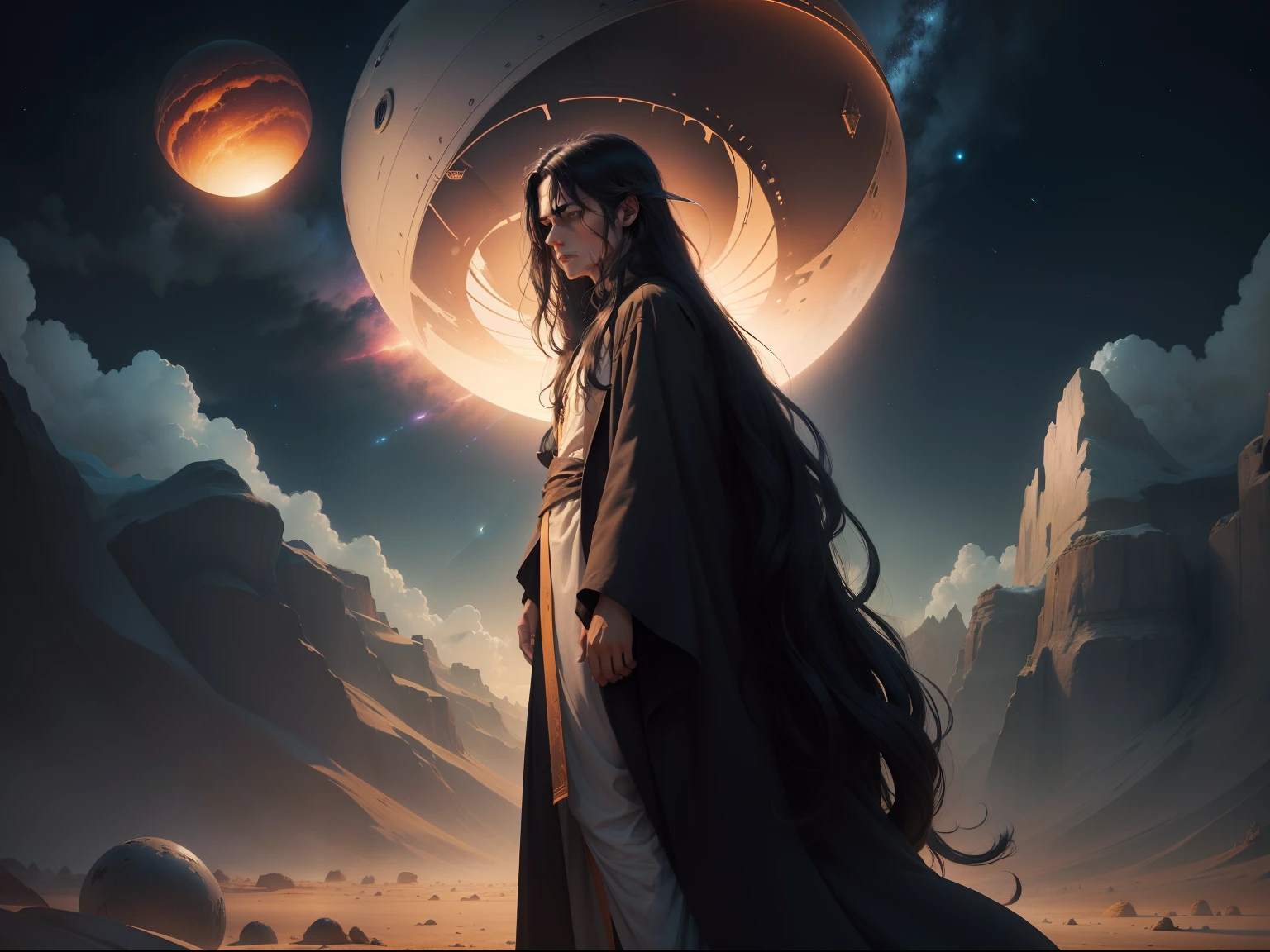 Strange man, long dark wavy hair, wearing long robes, in black inverse seedpod spaceship, lands on an alien desert planet with many oasis, every step he takes explodes in colored light and sound shockwaves, alien peoples greet him, dusty sky of fluffy clouds muted colors, dusty atmosphere, 64k resolution photorealistic hyperdetailed beginning to see stars in the evening sky, sci-fi fiction paperback novel art style.
