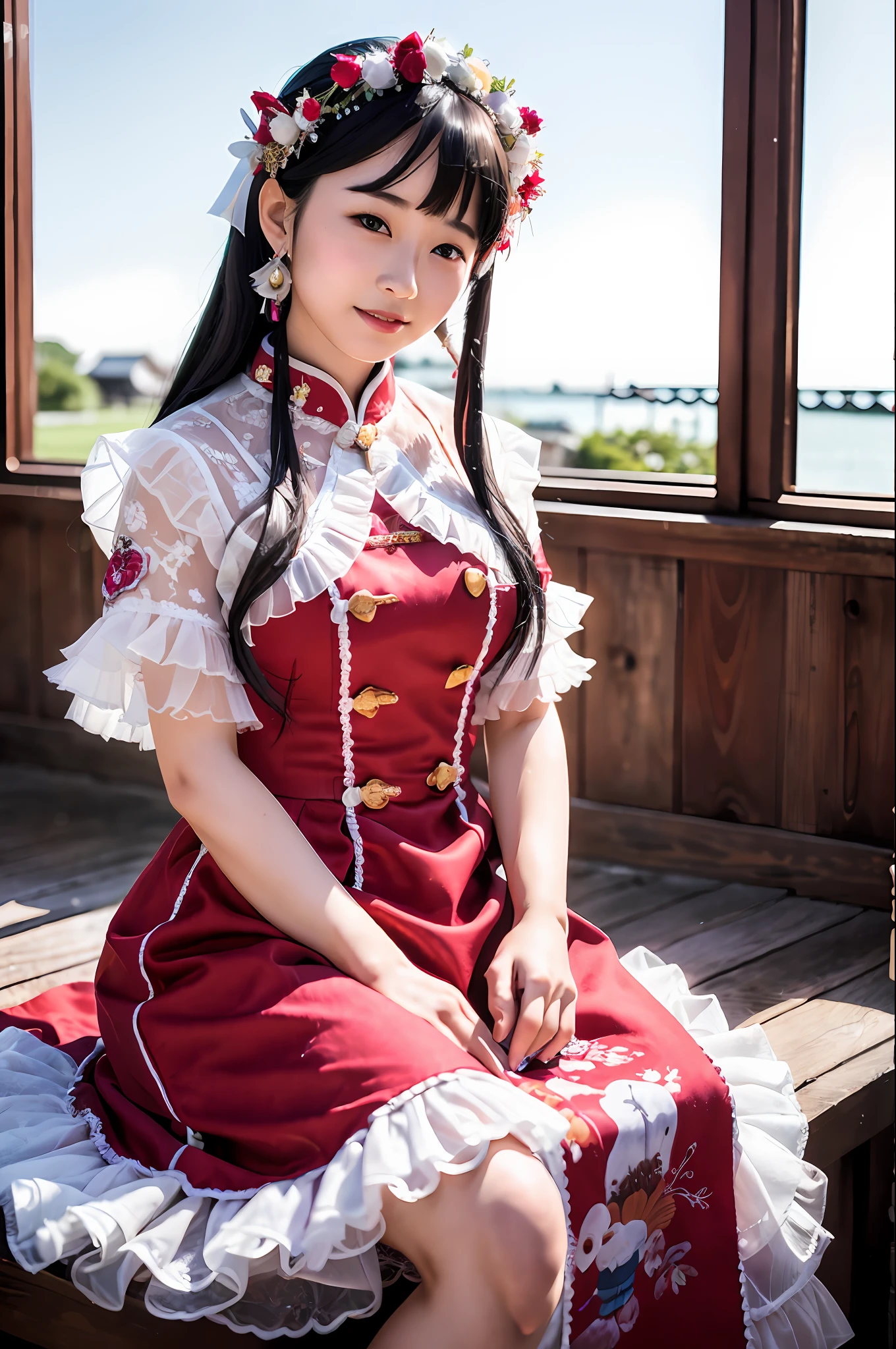 realistic, photorealistic, masterpiece, best quality, 1girl, solo, smile, looking at viewer, long black hair, cowboy shot, cns_dress, pettiskirt, sitting, (china jiangnan water town style:1.1), beautiful sky, netural lighting,