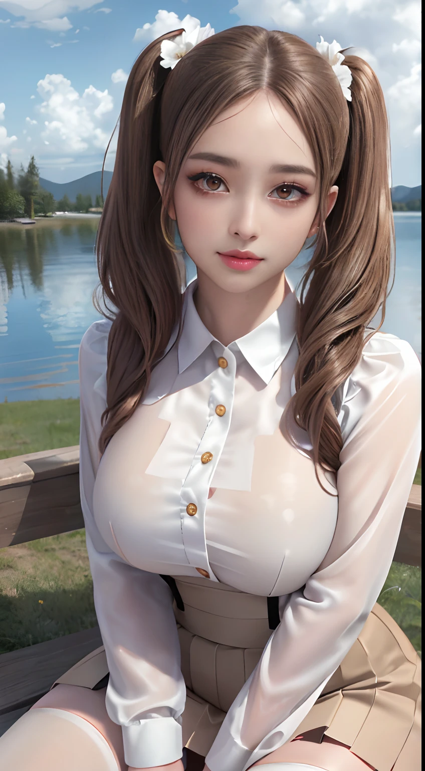 RAW, 1girl, pure eros face,solo, colorful, (masterpiece, best quality:1.3), (absurdres:1.3),(photorealistic:1.3), (detailed skin:1.3, detailed face:1.3), sitting, beautiful face, beautiful eyes,looking at viewer, sharp focus, delicate, (beautiful cute_girl:1.3),curvy,(large breasts,narrow :1.1,thick thighs:1.2,), longeyelashes,(shiny skin), light smile, (brown_twintails:1.3),(big_eyes:1.2, brown_eyes), (brown_gloss_eyeshadow:1.2), pink_lips, white frilled shirt, beige_suspender skirt / black_pantyhose, willow, wooden bench, flower, grass, lake, (cloudy sky:1.3), (rain:0.5),