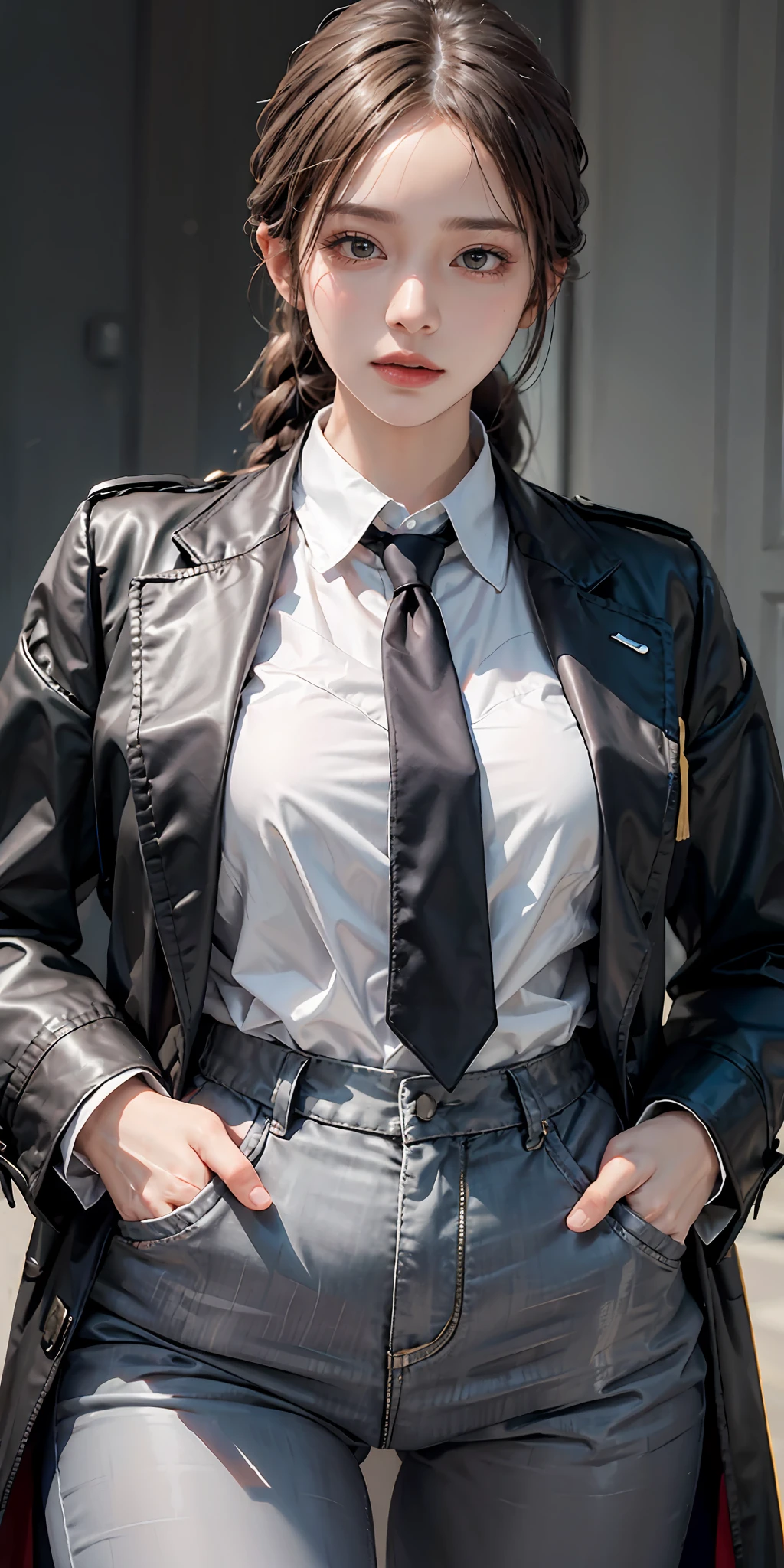 photorealistic, high resolution, soft light,1women, solo, hips up, shining skin, (detailed face), hands in pockets, braided ponytail, ringed eyes, formal, coat, collared shirt, black necktie, black pants