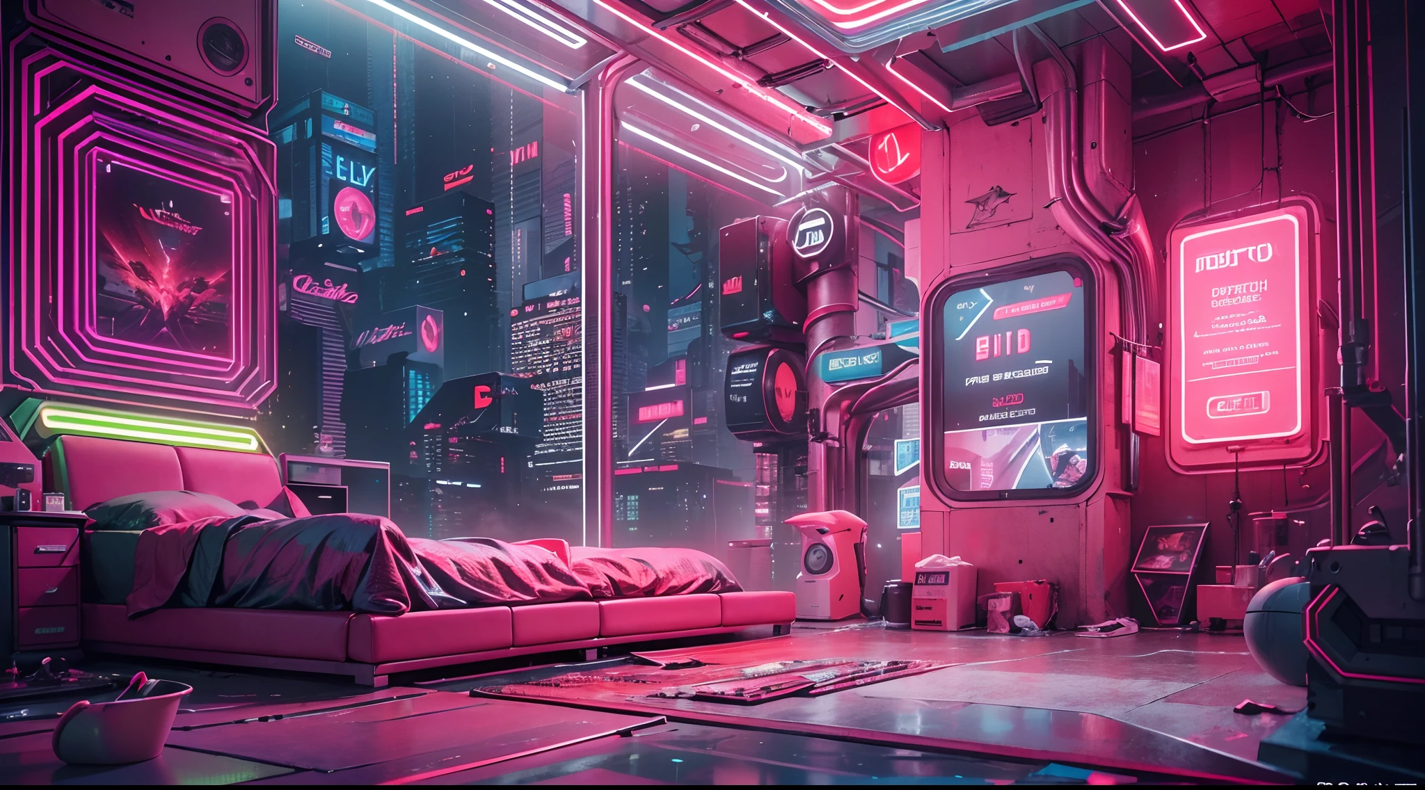 Best image quality, Masterpiece, Ultra-high resolution, (Fidelity:1.4), Photo, Dim, Darkness, Movie, ((Cyberpunk)), cyber outfit, Futuristic, ((Award-winning ultra-realistic photos)),((tmasterpiece)),(Hyper-detailing),(Complicated details),(High resolution CGI artwork 8k),Futuristic cyberpunk living room,Bedrooms,kitchens。terrazzo,big window,Busy and colorful、Detailed cyberpunk cityscape。Futuristic style,There are many colors and LED lights。The cityscape should be very detailed,depth of fields。Create depth with atmospheric lighting,Evoke the feeling of a busy futuristic city outside the window。cameras:Wide-angle lens showing rooms and windows。Use atmospheric and volumetric lighting to enhance cityscape detail。The room should be illuminated by the neon lights of the cityscape, Pastel textured colored background, Colourful, vibrant,