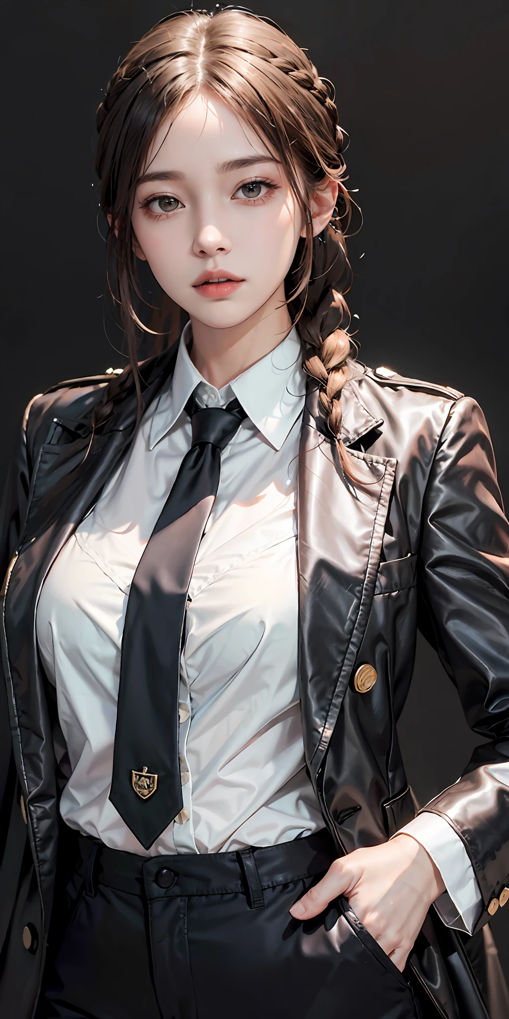 photorealistic, high resolution, soft light,1women, solo, hips up, shining skin, (detailed face), hands in pockets, braided ponytail, ringed eyes, formal, coat, collared shirt, black necktie, black pants