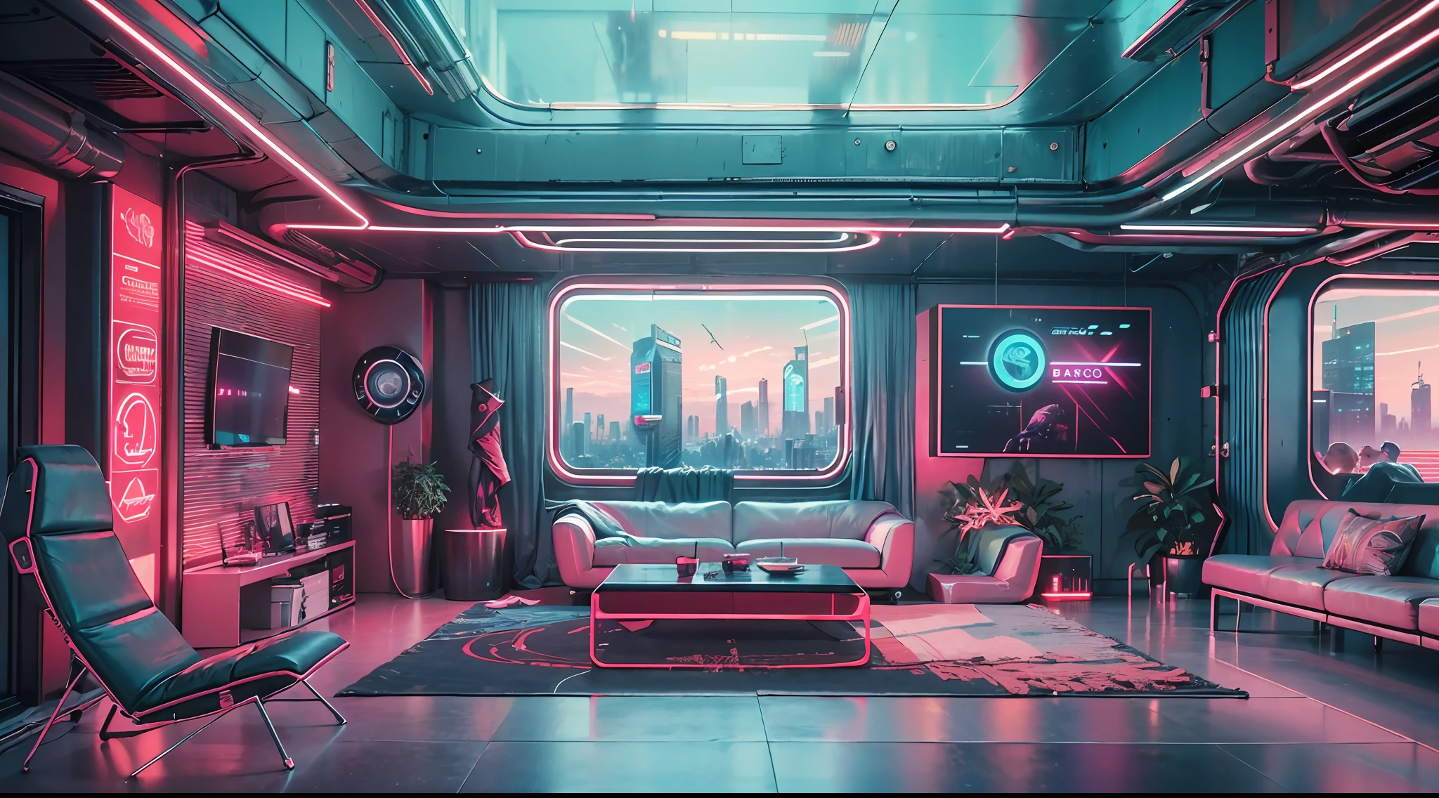 Best image quality, Masterpiece, Ultra-high resolution, (Fidelity:1.4), Photo, Dim, Darkness, Movie, ((Cyberpunk)), cyber outfit, Futuristic, ((Award-winning ultra-realistic photos)),((tmasterpiece)),(Hyper-detailing),(Complicated details),(High resolution CGI artwork 8k),Futuristic cyberpunk living room,Bedrooms,kitchens。terrazzo,big window,Busy and colorful、Detailed cyberpunk cityscape。Futuristic style,There are many colors and LED lights。The cityscape should be very detailed,depth of fields。Create depth with atmospheric lighting,Evoke the feeling of a busy futuristic city outside the window。cameras:Wide-angle lens showing rooms and windows。Use atmospheric and volumetric lighting to enhance cityscape detail。The room should be illuminated by the neon lights of the cityscape, Pastel textured colored background, Colourful, vibrant,