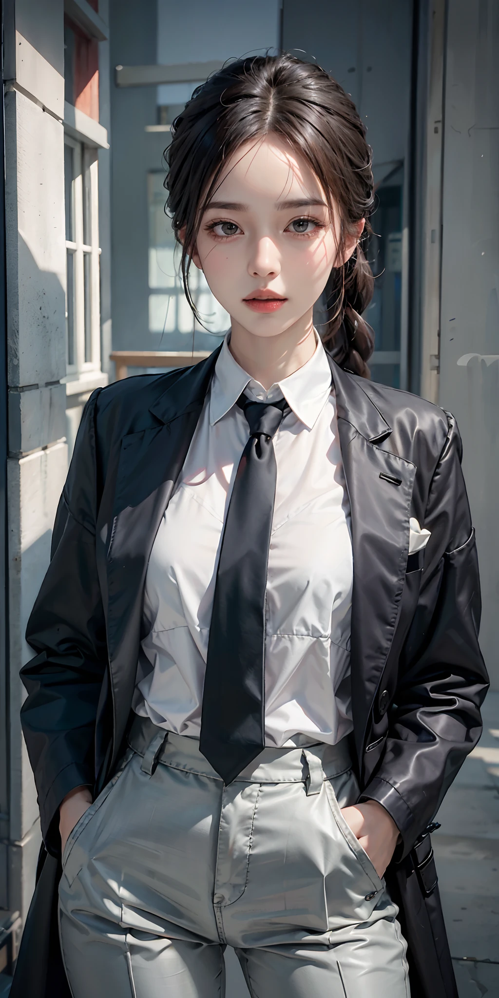 photorealistic, high resolution, soft light,1women, solo, hips up, shining skin, (detailed face), hands in pockets, braided ponytail, ringed eyes, formal, coat, collared shirt, black necktie, black pants