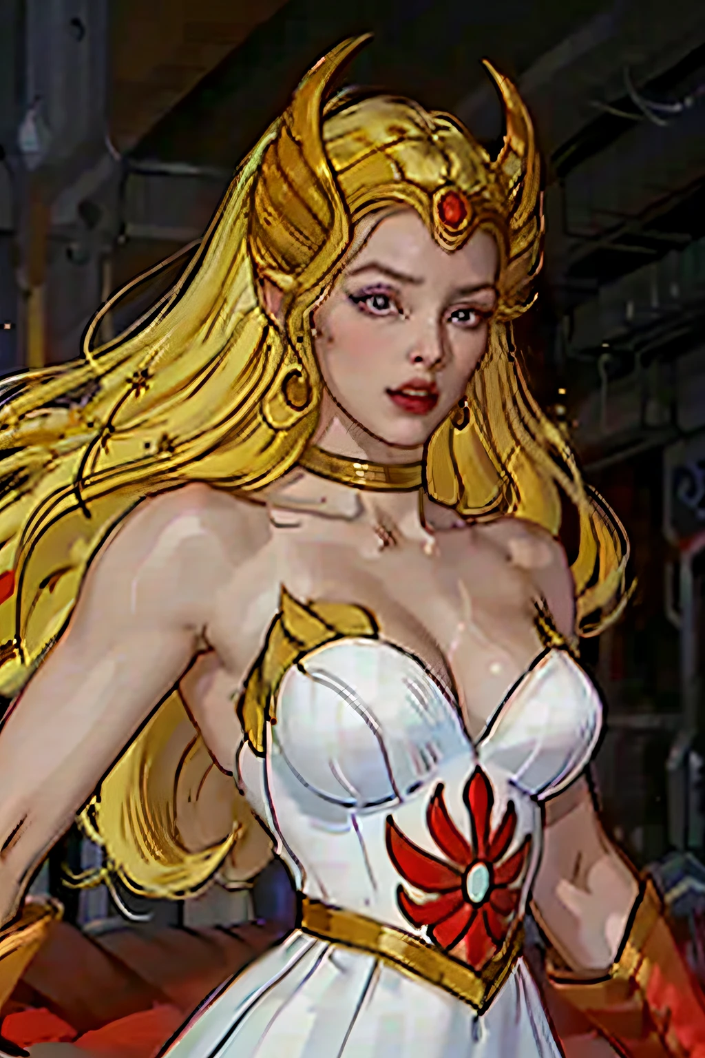 raw photo of a 1girl, blonde, white dress, choker, she_ra, dynamic pose, smug smile, tall, (muscular body: 1.3), (female hands: 1.3), skindentation, narrow waist, thighs, wide hips, half eye closed, eyeliner, eyelashes, perfect face, detailed eyes, facial lighting, looking at the viewer (masterpiece, high quality: 1.2) skin texture, hyper realistic, real woman,real headquarters,high reality