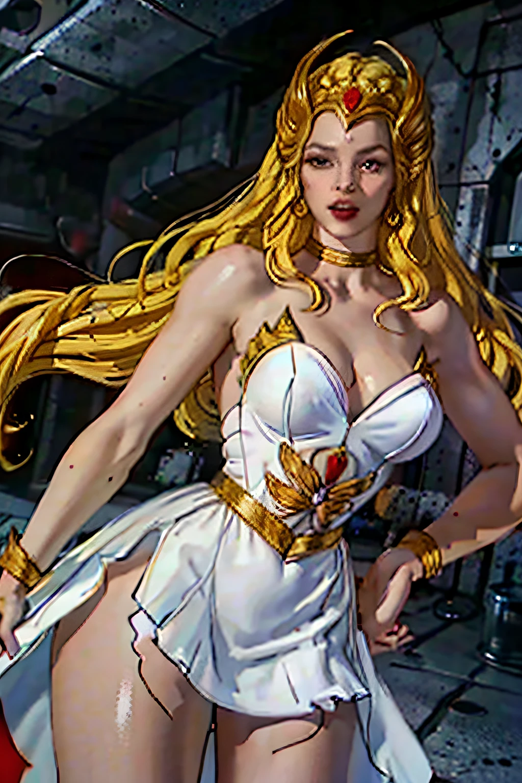 raw photo of a 1girl,
blonde, white dress, choker, she_ra, 
Dynamic pose,
smug smile,

tall , (muscular body:1.3), (femenine hands:1.3),

skindentation, narrow waist, thighs, wide hips, half eye close, eyeliner, eyelashes, perfect face, detailed eyes, facial lighting,

looking at viewer (masterpiece, high quality:1.2)