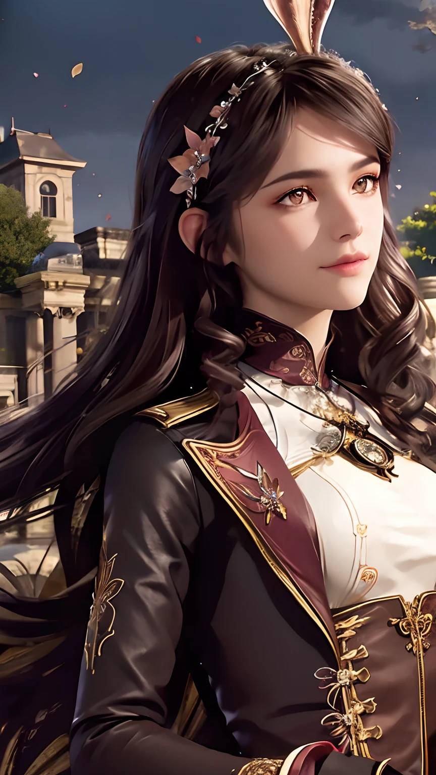 Detailed woman face looking at camera, dark- brown eyes,  masterpiece, best quality,
1girl, (colorful),(finely detailed beautiful eyes and detailed face),cinematic lighting,bust shot,extremely detailed CG unity 8k wallpaper, brown hair,solo,smile,intricate skirt,((flying petal)),(Flowery meadow)
sky, cloudy_sky, building, moonlight, moon, night, (dark theme:1.3), light, fantasy,