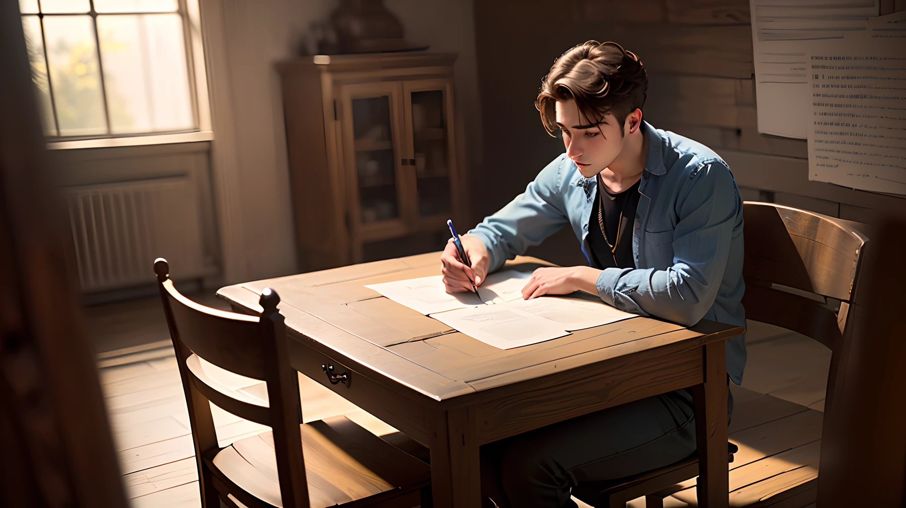 Create a photograph of a young man sitting on a chair and a table, writing on a piece of parchment, in a somewhat ancient setting, but a realistic image that has been edited using Adobe premier, cinematic.