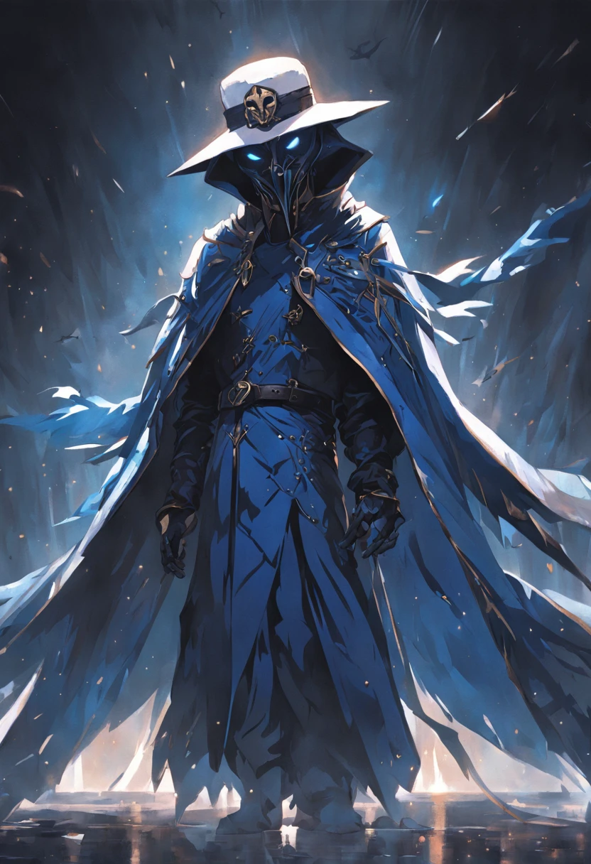 Best quality, Masterpiece, 超高分辨率, (photograph realistic:1.4), surrealism, Dream-like,fusionart, Shadowdancer, shadow magic, darkness control, stealth, shadowstep, umbral spells, hidden blade,White plague doctor crow mask，The blue cult has gold stripes on his garment