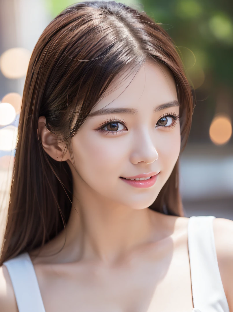 hightquality、hight resolution、​masterpiece、foco nítido、photographrealistic、Raw photography、lighting like a movie、(Photorealsitic:1.4)、(masutepiece、side lights、fine detailed beautiful eyes: 1.2)、Photorealistic portrait of stunningly beautiful woman、detailed symmetric realistic face、Highly detailed natural textures、closeup cleavage、Realistic、3D Face、Glowing eyes、Shiny hair、Glossy glossy skin、独奏、1girl in、embarrassing smile、(Midriff)、Dynamic action、Detailed hand depiction、细致背景