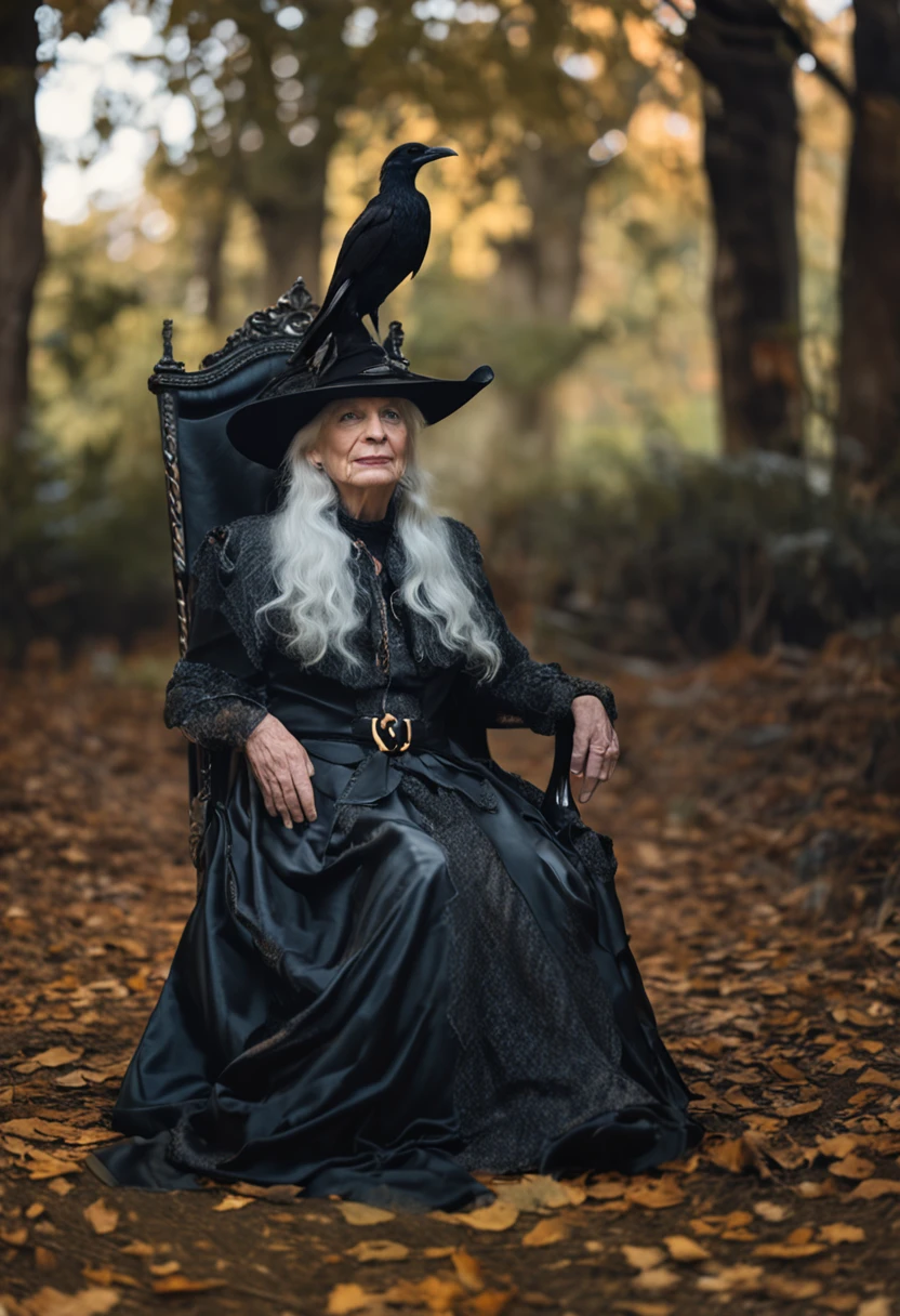 color photo of: A white-haired and aged witch, adorned in a pointed wizard's hat, sitting on a regal Cardelou chair, with a wise Sonystr Crow perched on her shoulder. She is captured in the midst of casting a spell, as magical energy ripples through the air. The faint whispers of ancient incantations can almost be heard.
mystical atmosphere, vibrant colors, ethereal lighting, Nikon Z7 II camera, Adobe Photoshop software, J.R.R. Tolkien, J.K. Rowling, Neil Gaiman, Alexander McQueen, Dolce & Gabbana