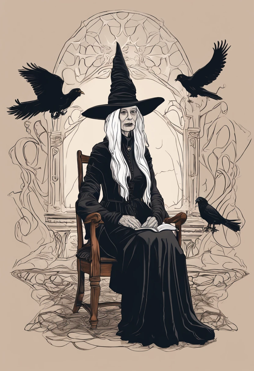 color photo of: A white-haired and aged witch, adorned in a pointed wizard's hat, sitting on a regal Cardelou chair, with a wise Sonystr Crow perched on her shoulder. She is captured in the midst of casting a spell, as magical energy ripples through the air. The faint whispers of ancient incantations can almost be heard.
mystical atmosphere, vibrant colors, ethereal lighting, Nikon Z7 II camera, Adobe Photoshop software, J.R.R. Tolkien, J.K. Rowling, Neil Gaiman, Alexander McQueen, Dolce & Gabbana
