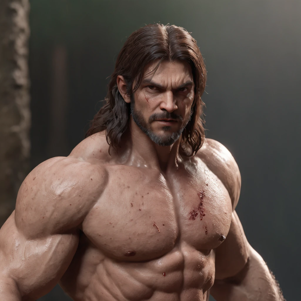 (professional 3d render:1.3) af (Realistic:1.3) most beautiful artwork photo in the world，Features soft and shiny male heroes, ((Epic hero fantasy muscle man rough wet hero angry look long hair short beard and ferocious expression in dynamic pose, Fantastic location, Majestic cluttered environment)), full body 8k unity render, action  shot, skin pore, very dark lighting, heavyshading, Detailed, Detailed face, (vibrant, photograph realistic, Realistic, Dramatic, Dark, Sharp focus, 8K), (Old leather garments damaged by weathering:1.4), ((((Wear fur)))), (Intricate:1.4), decadent, (Highly detailed:1.4), Digital painting, rendering by octane, art  stations, concept-art, smooth, Sharp focus, illustration, Art germ, (loish:0.23), wlop ilya kuvshinov, and greg rutkowski and alphonse mucha gracias, (Global illumination, Studio light, volumettic light), heavy rain, particles floating, lotr, fantasy, elf, full bodyesbian, ((Dark and ancient city background:1.3)),CGSesociety,art  stations