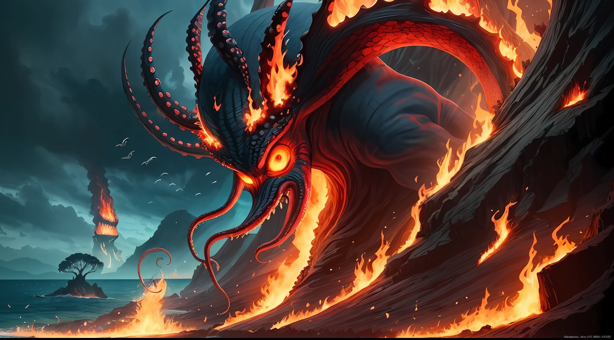 Hill fires，The trees are bizarre，Monster Demon，an octopus，the ocean，variation，ultraclear，the detail