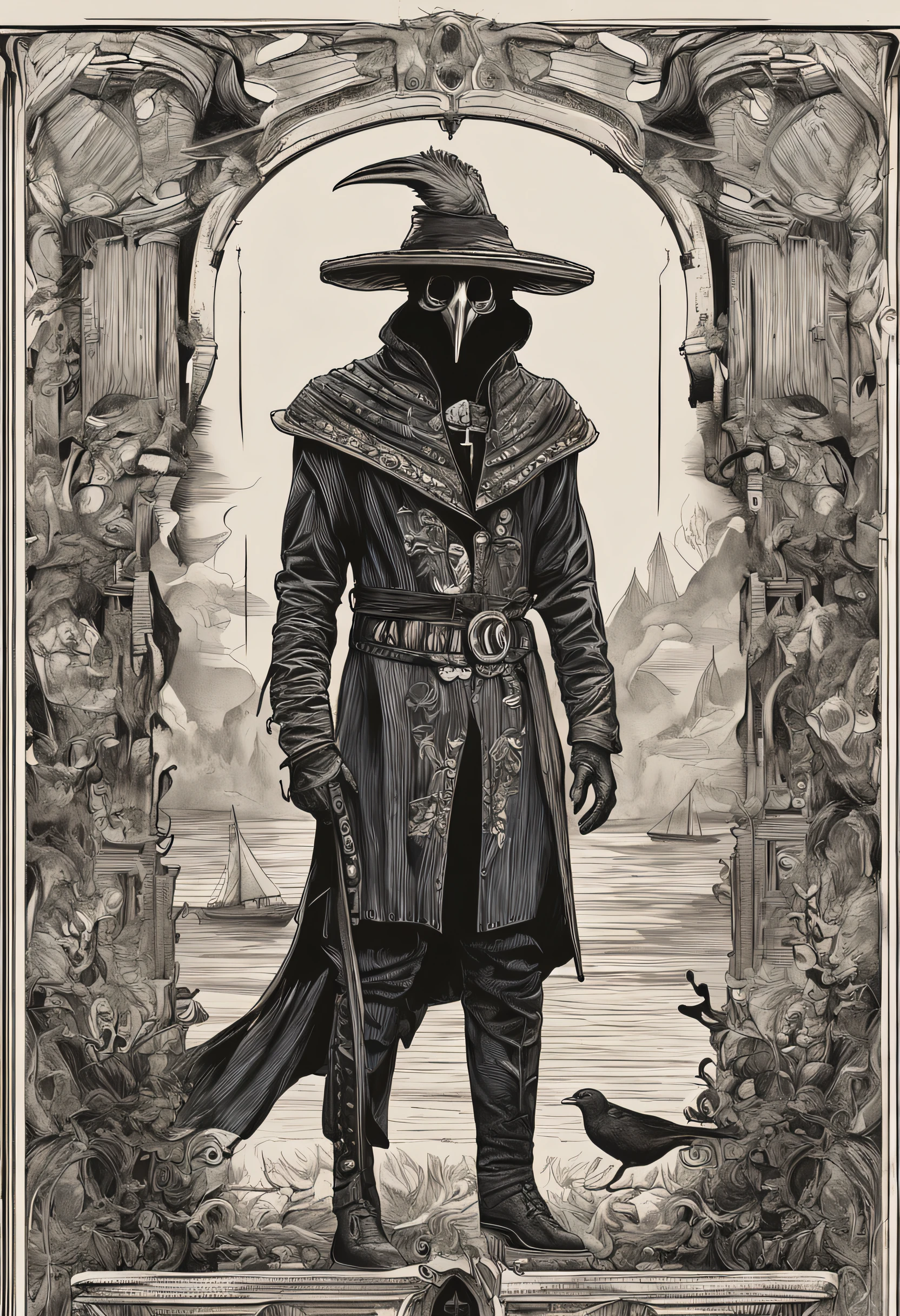 Best quality, Masterpiece, 超高分辨率, (photograph realistic:1.4), surrealism, Dream-like,fusionart, Shadowdancer, shadow magic, darkness control, stealth, shadowstep, umbral spells, hidden blade,White plague doctor crow mask,The blue cult has gold stripes on his garment