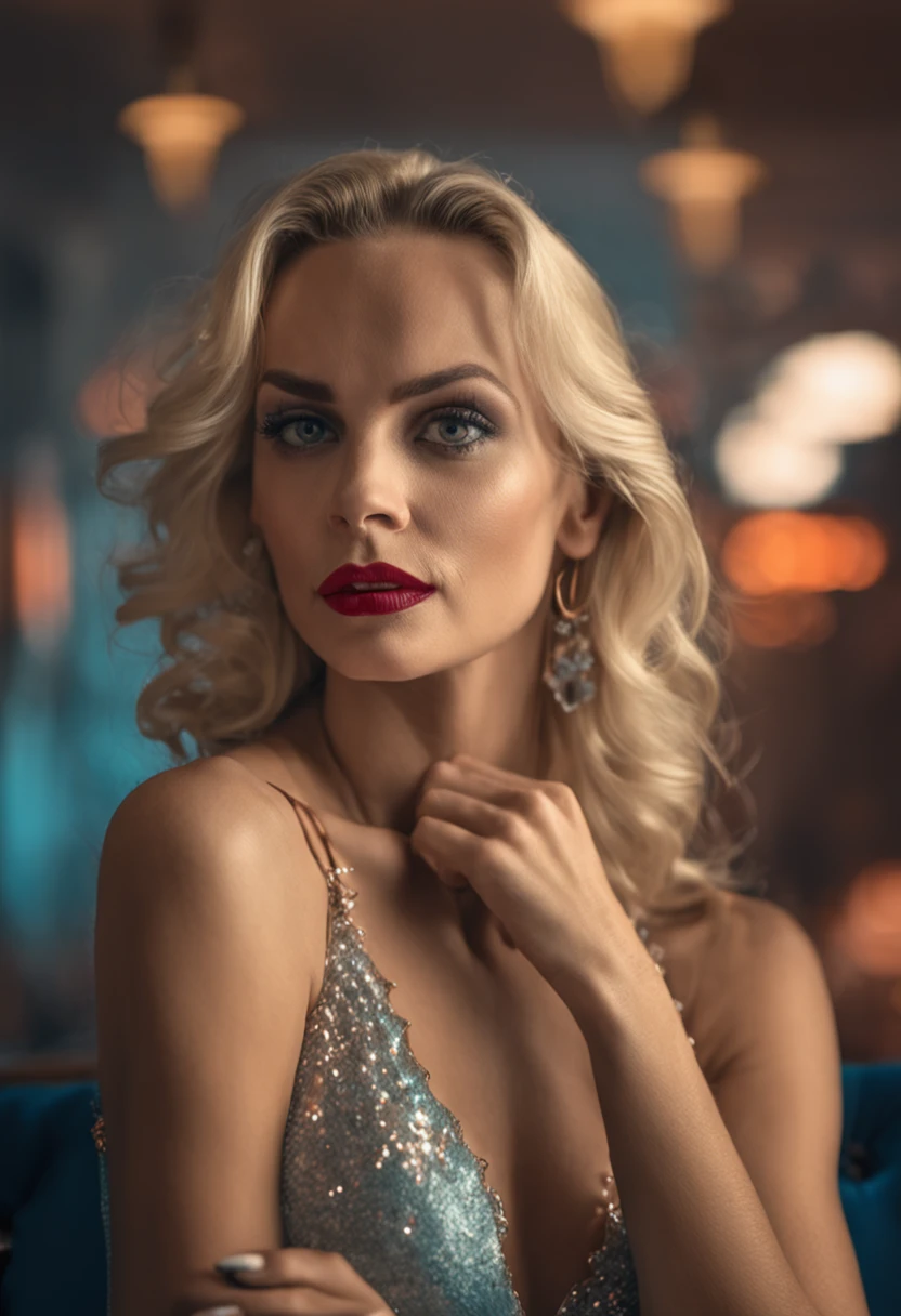 RAW, Nikon z 85mm,Award Winning Glamour Photograph extremely detailed award winning glamour photograph, front lit, HDR. Beautiful Ukrainian woman on the sofa, pin up style bra, blond hair, blue eyes, ((high detailed skin, skin details)), perky, sharp focus, 8k uhd, dslr, high quality, film grain, rim light, koda chrome, large breasts busting out (((Full body Shot)))